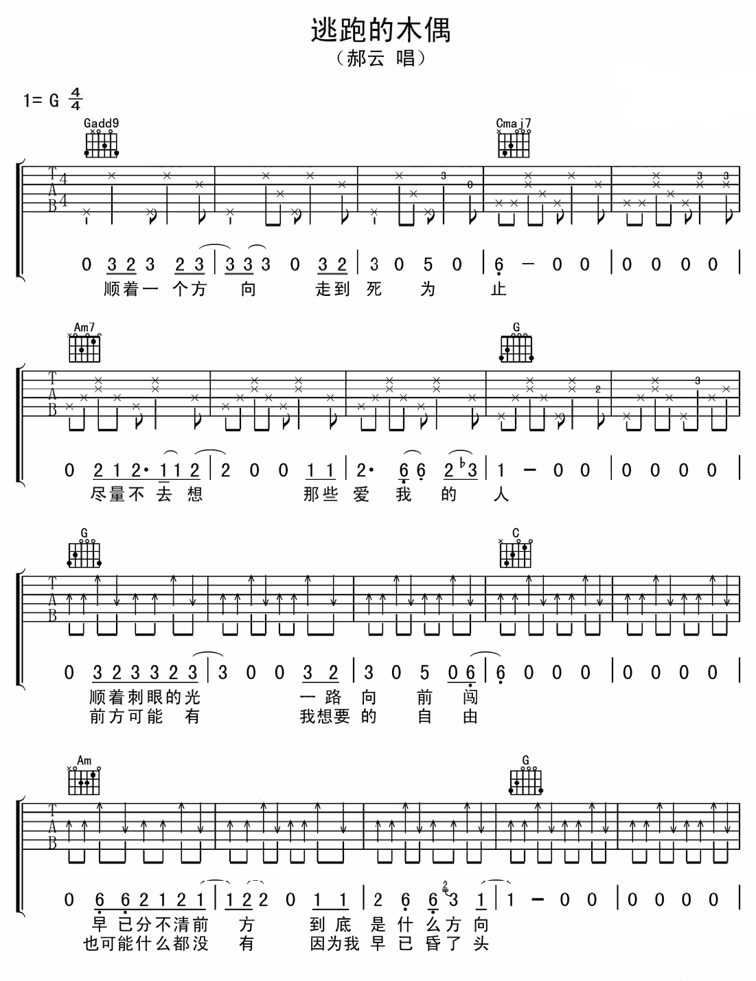 逃跑的木偶吉他谱 如果你厌倦了这样的生活，试试像郝云那样活着1
