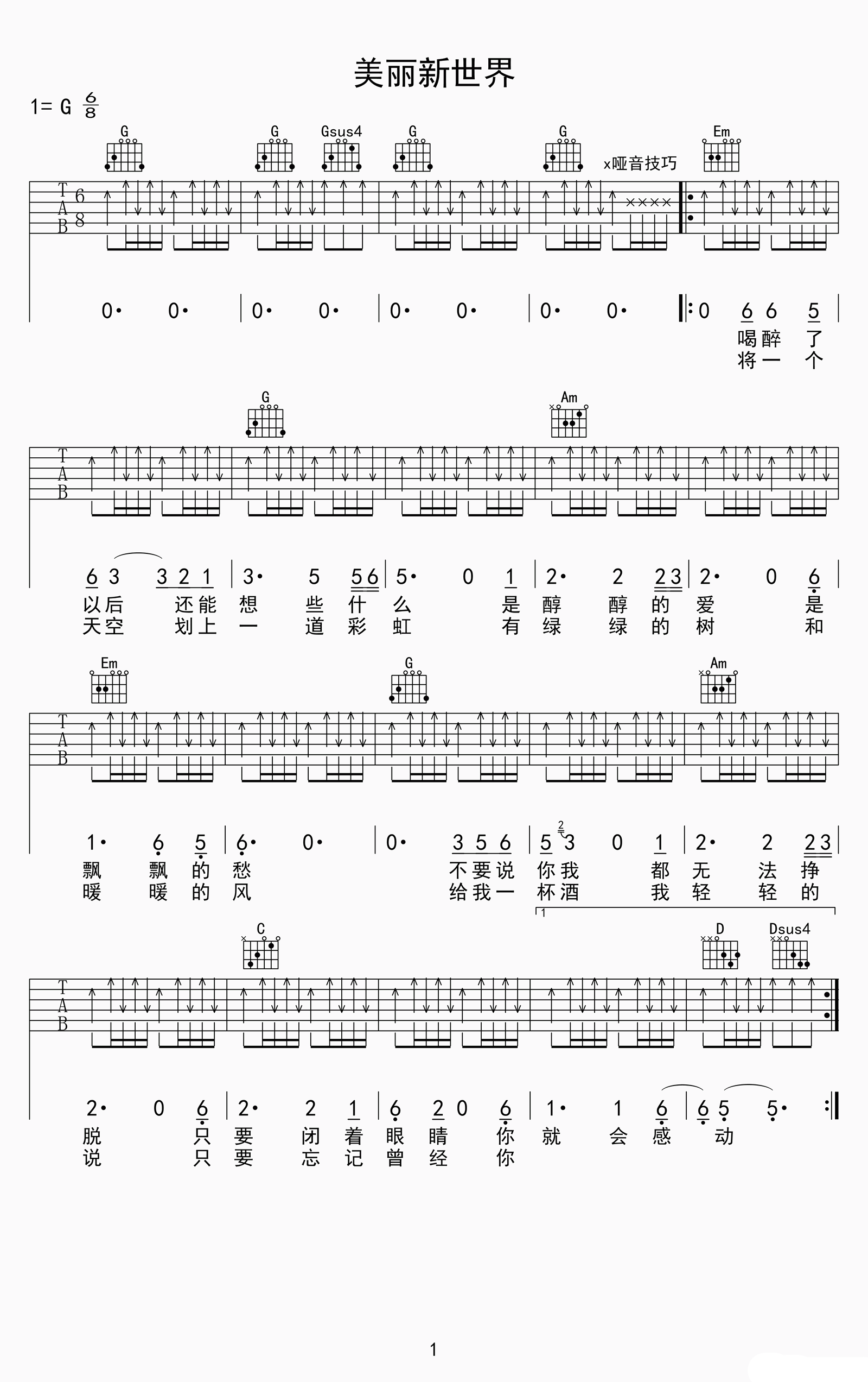 美丽新世界吉他谱 伍佰 海浪它总是一波波不要停歇不回头1