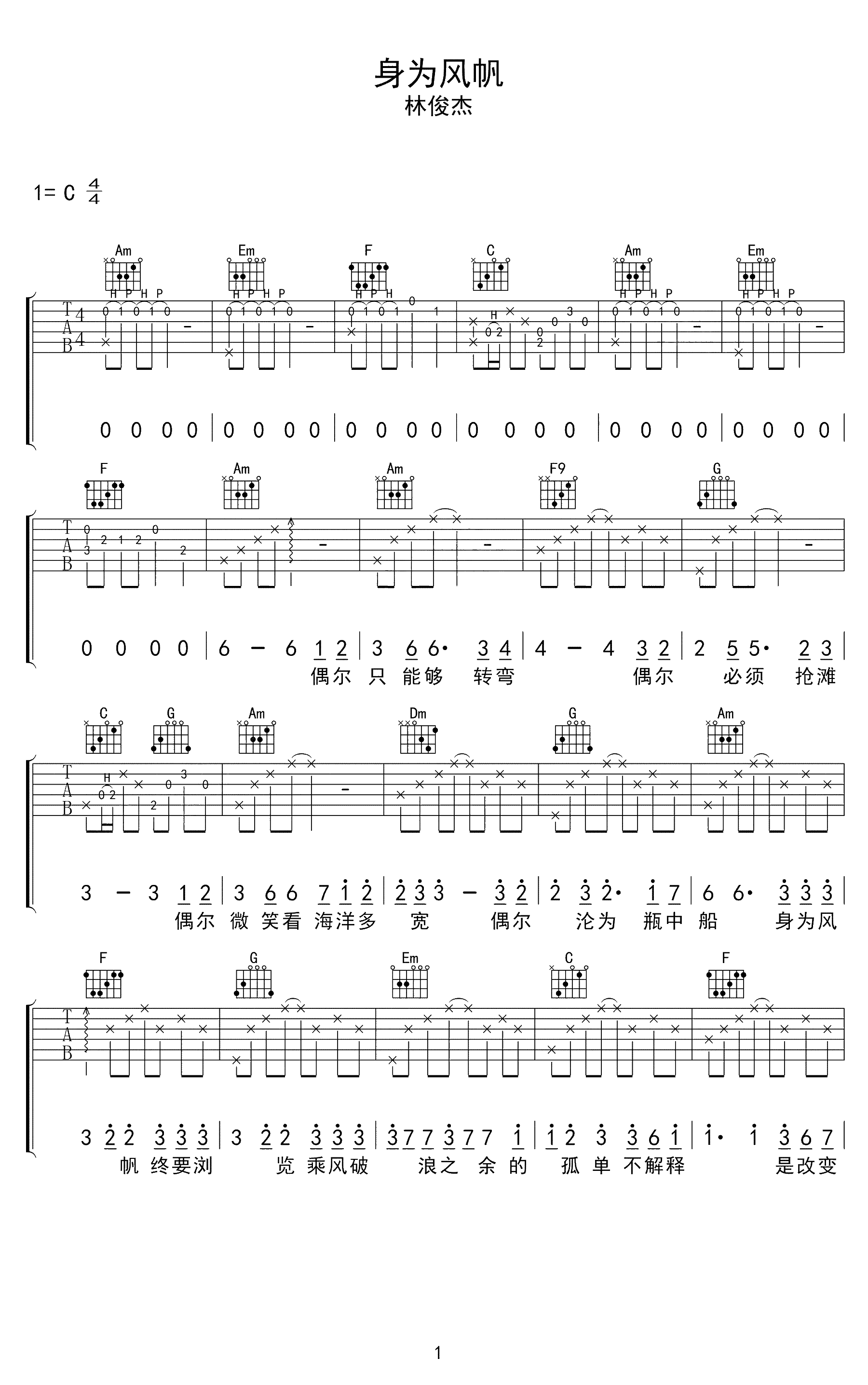 身为风帆吉他谱 林俊杰-身为风帆 终要浏览  乘风破浪之余的孤单1