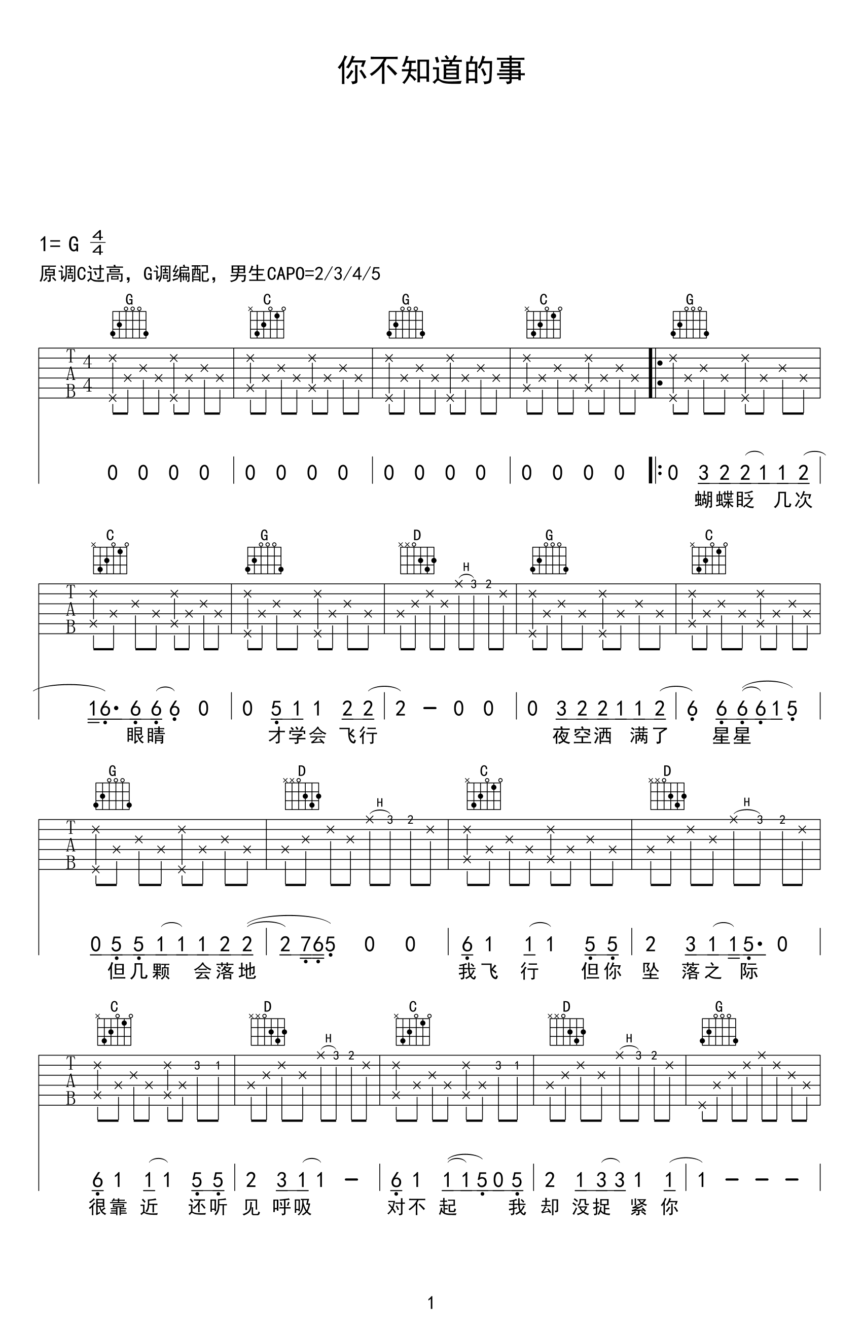 你不知道的事吉他谱-王力宏 盘旋在你看不见的高空里1