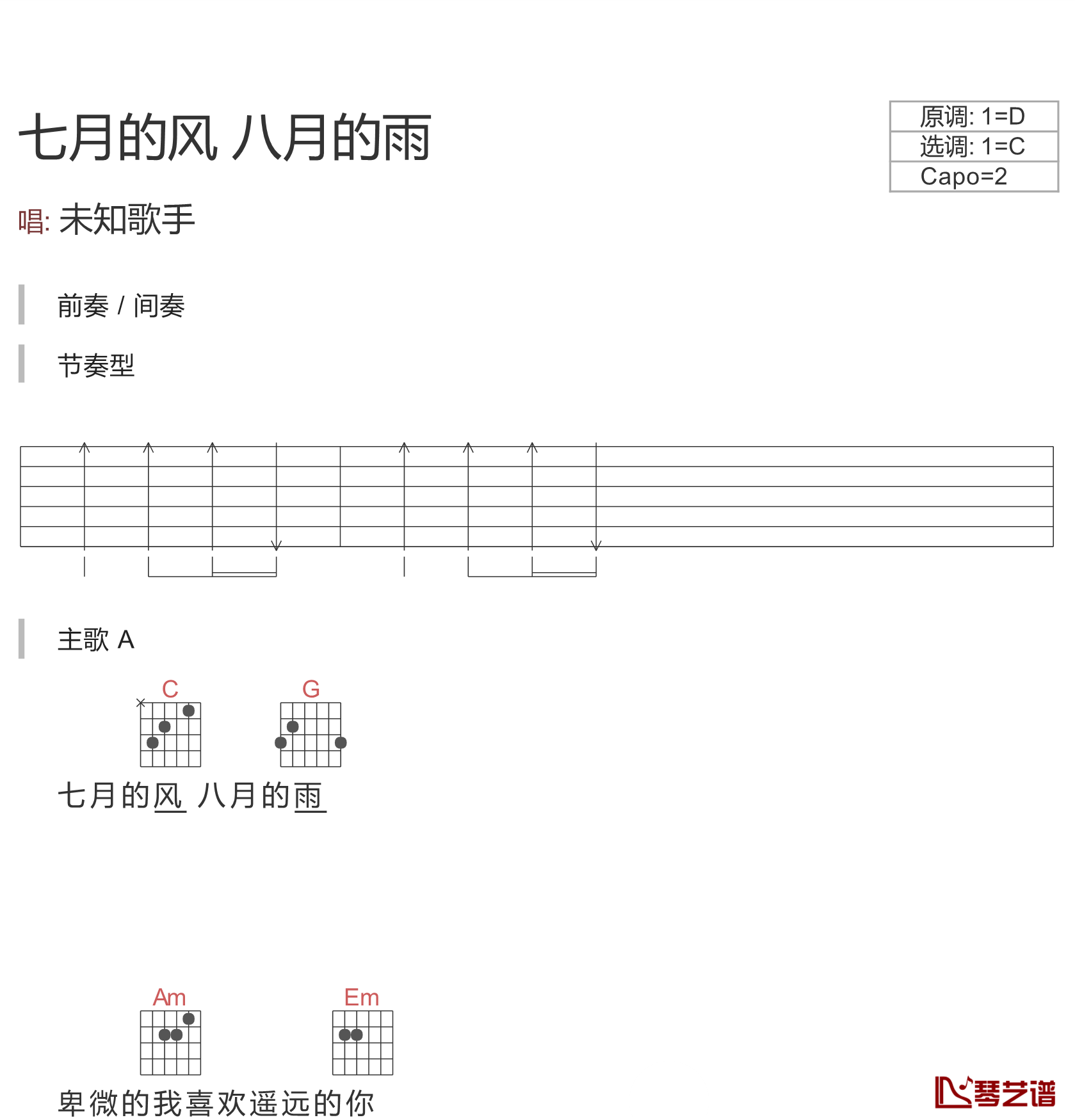 七月的风八月的雨吉他谱-陈曦-抖音歌曲 致一场风雨兼程遥望的爱情3