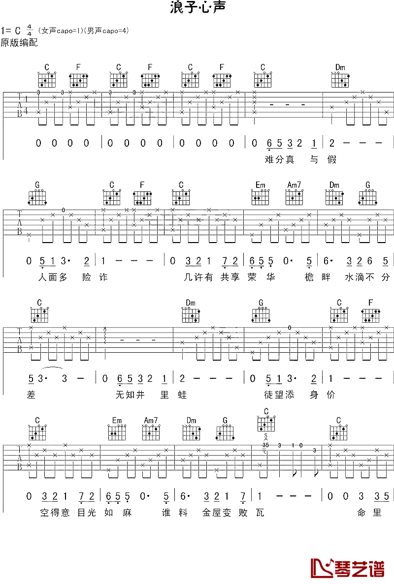 浪子心声吉他谱 许冠杰 做一个风中流浪的人，行善积德最乐也1