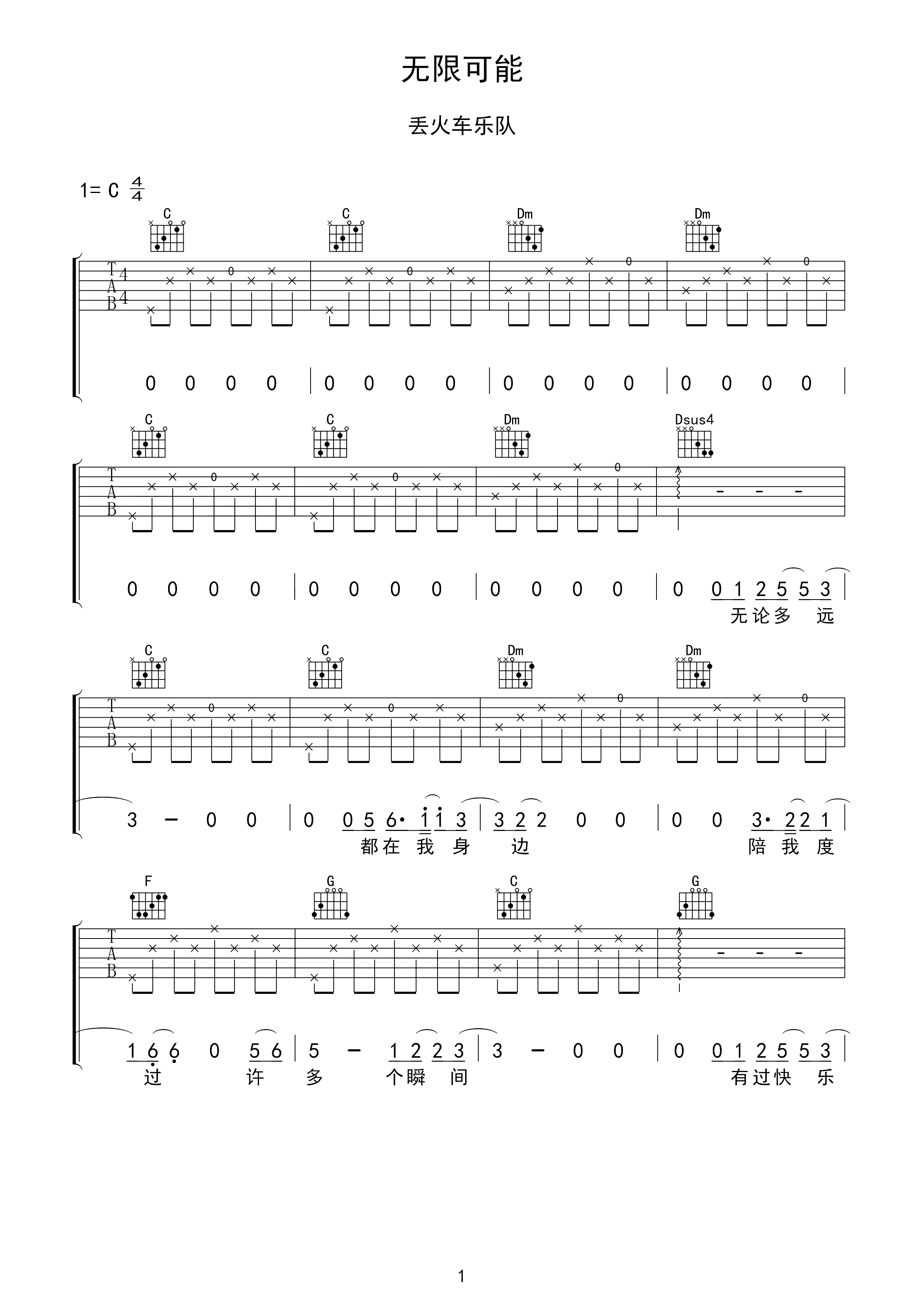 无限可能吉他谱 丢火车乐队-我的世界因你而改变 不再平凡  穿越了现实的梦想 永不停歇1
