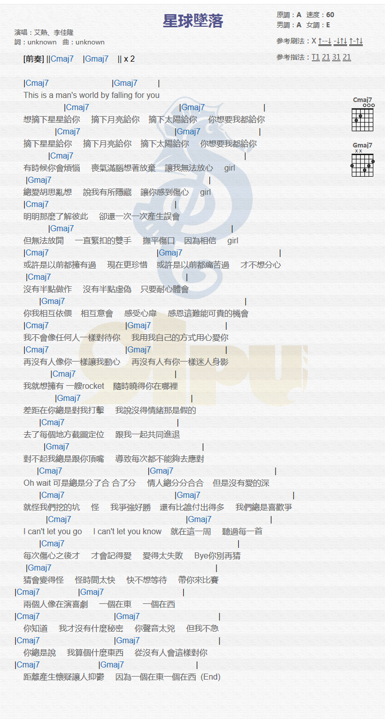 星球坠落吉他谱 李佳隆/艾热 想摘下星星给你，摘下月亮给你2