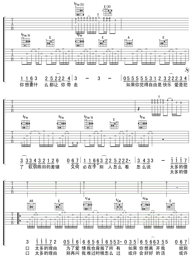 太多吉他谱-陈冠蒲-毋须太多的借口和理由，一声再见就好2