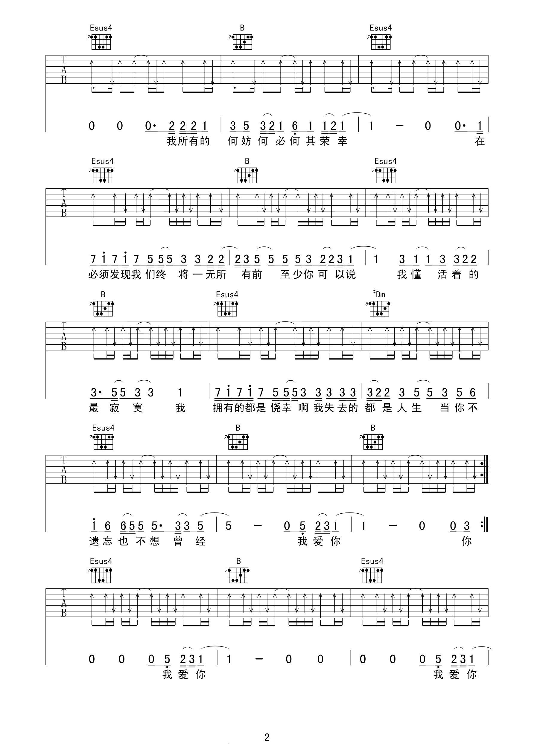 关于我爱你吉他谱 张悬 有些爱只能止于唇齿，掩于岁月2