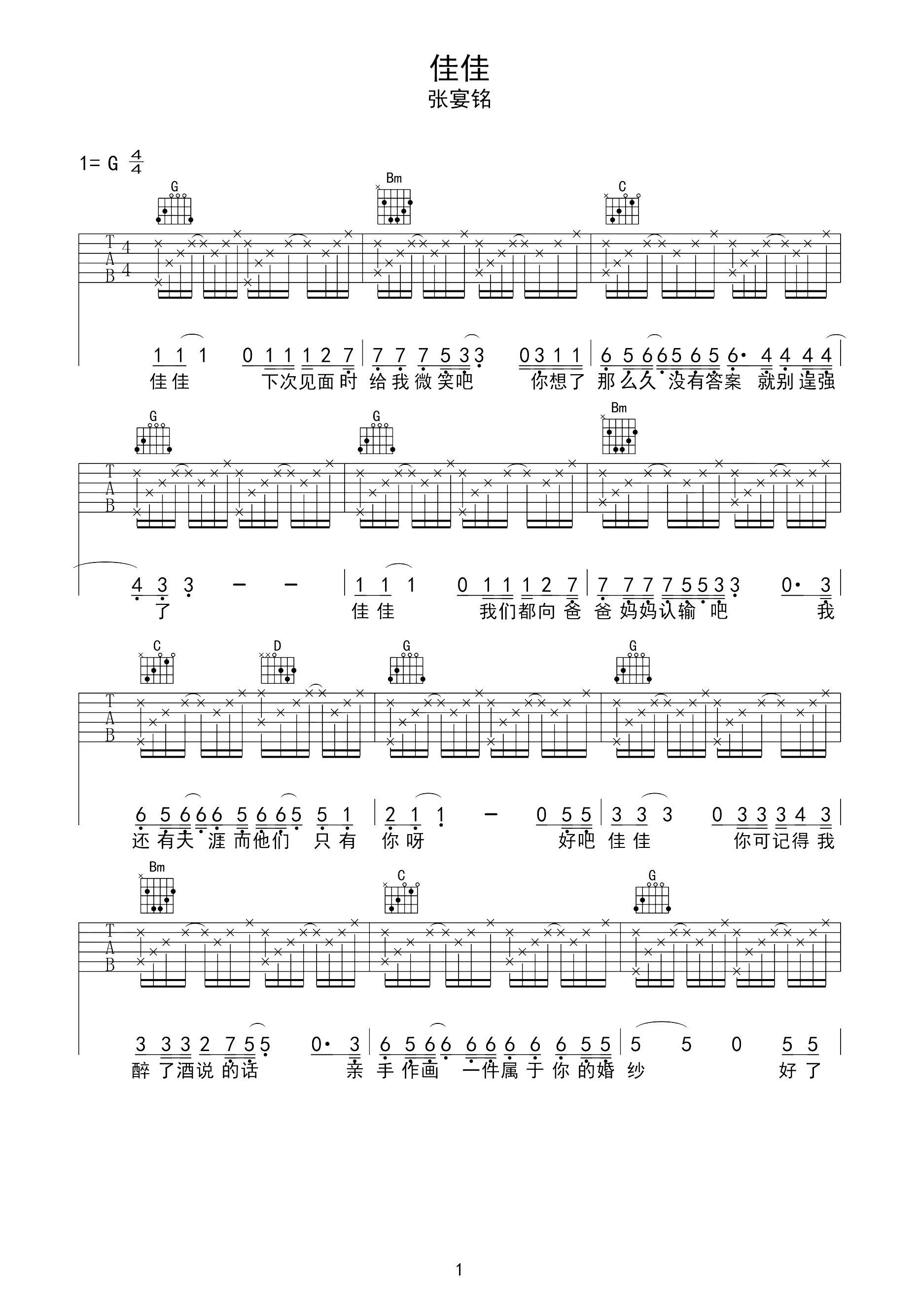 佳佳吉他谱 张晏铭-佳佳，我们都向爸爸妈妈认输吧1