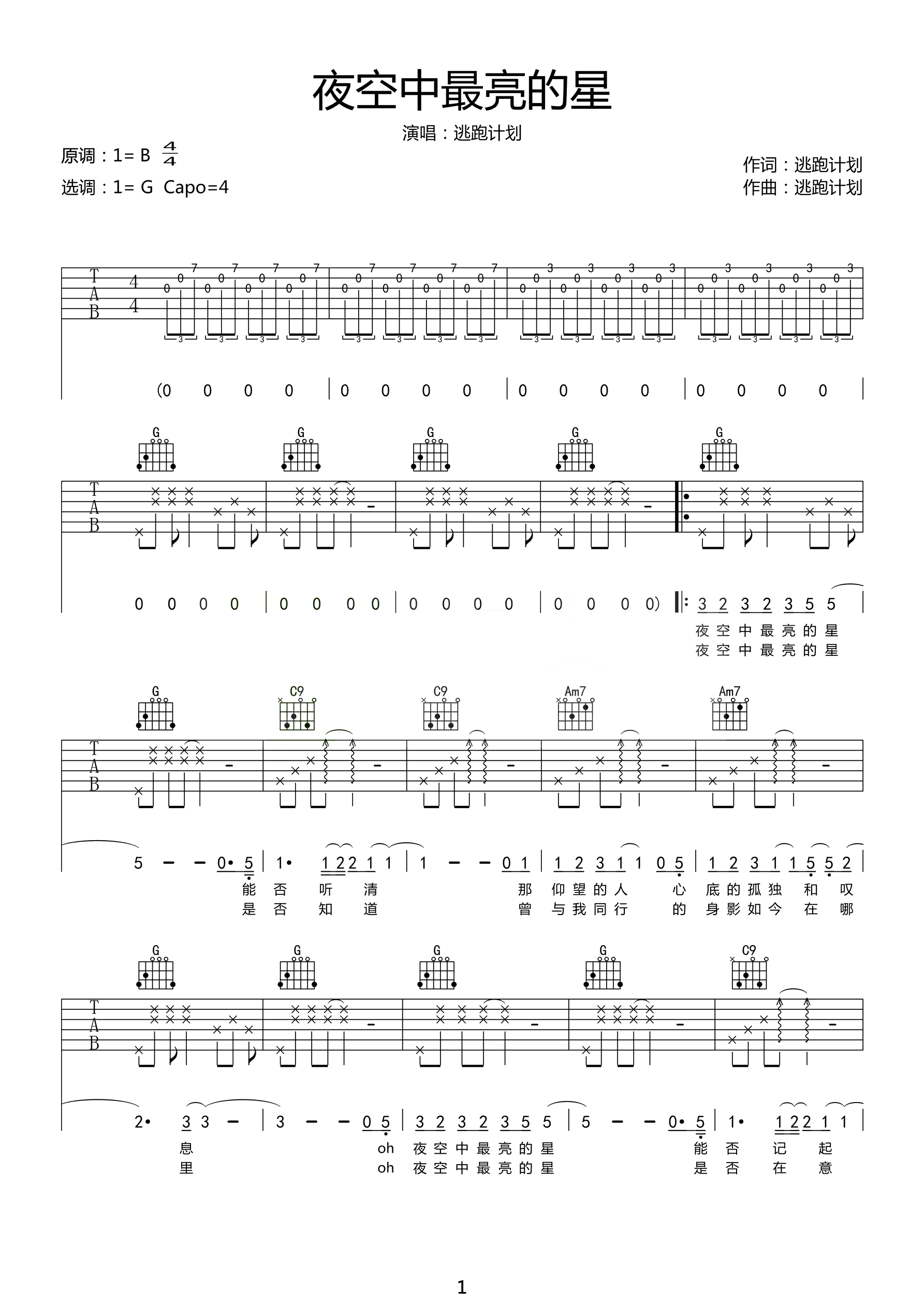 夜空中最亮的星吉他谱 逃跑计划-能否听清  那仰望的人 心底的孤独和叹息1