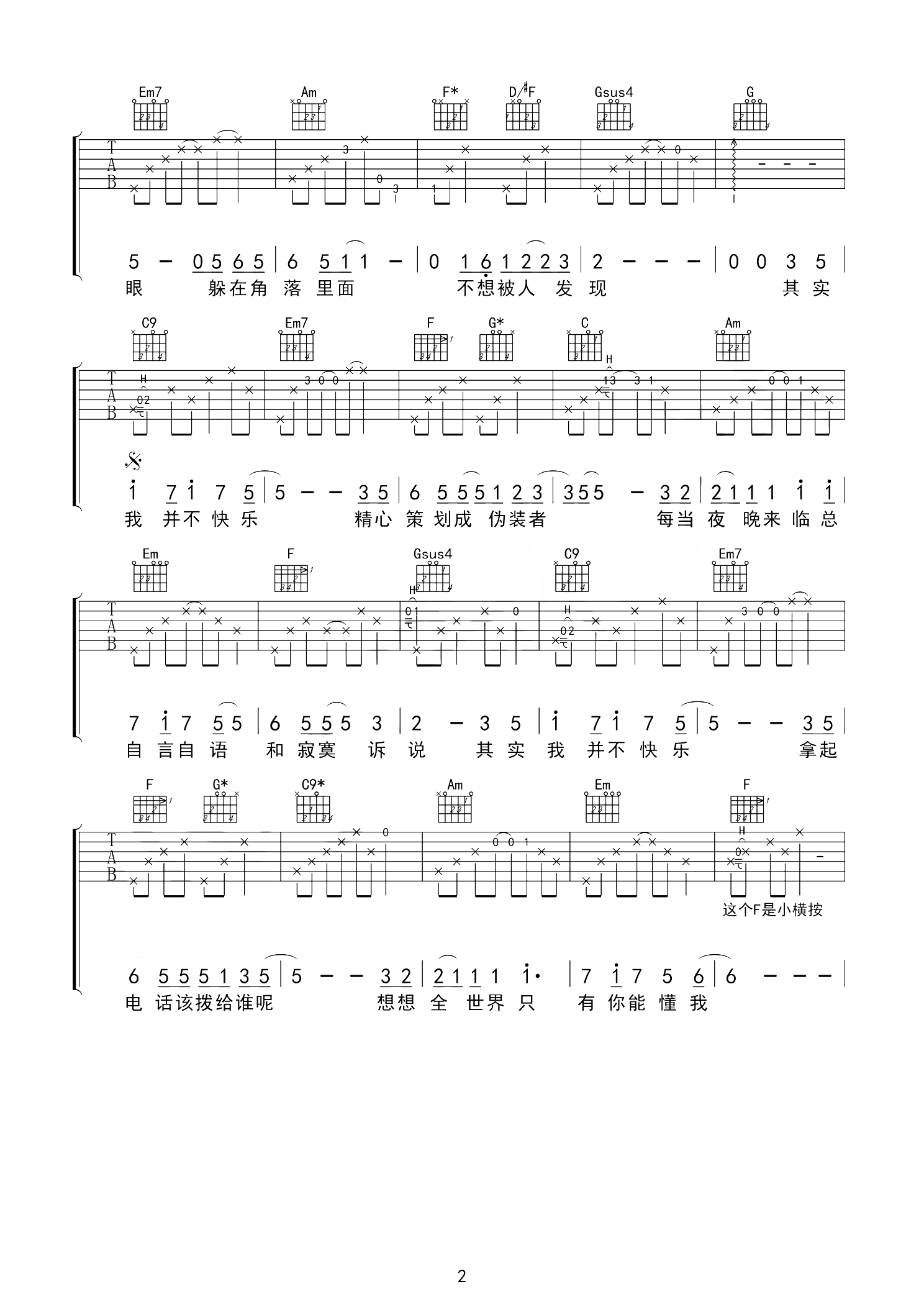 其实我并不快乐吉他谱 李安 C调原版指法编配2