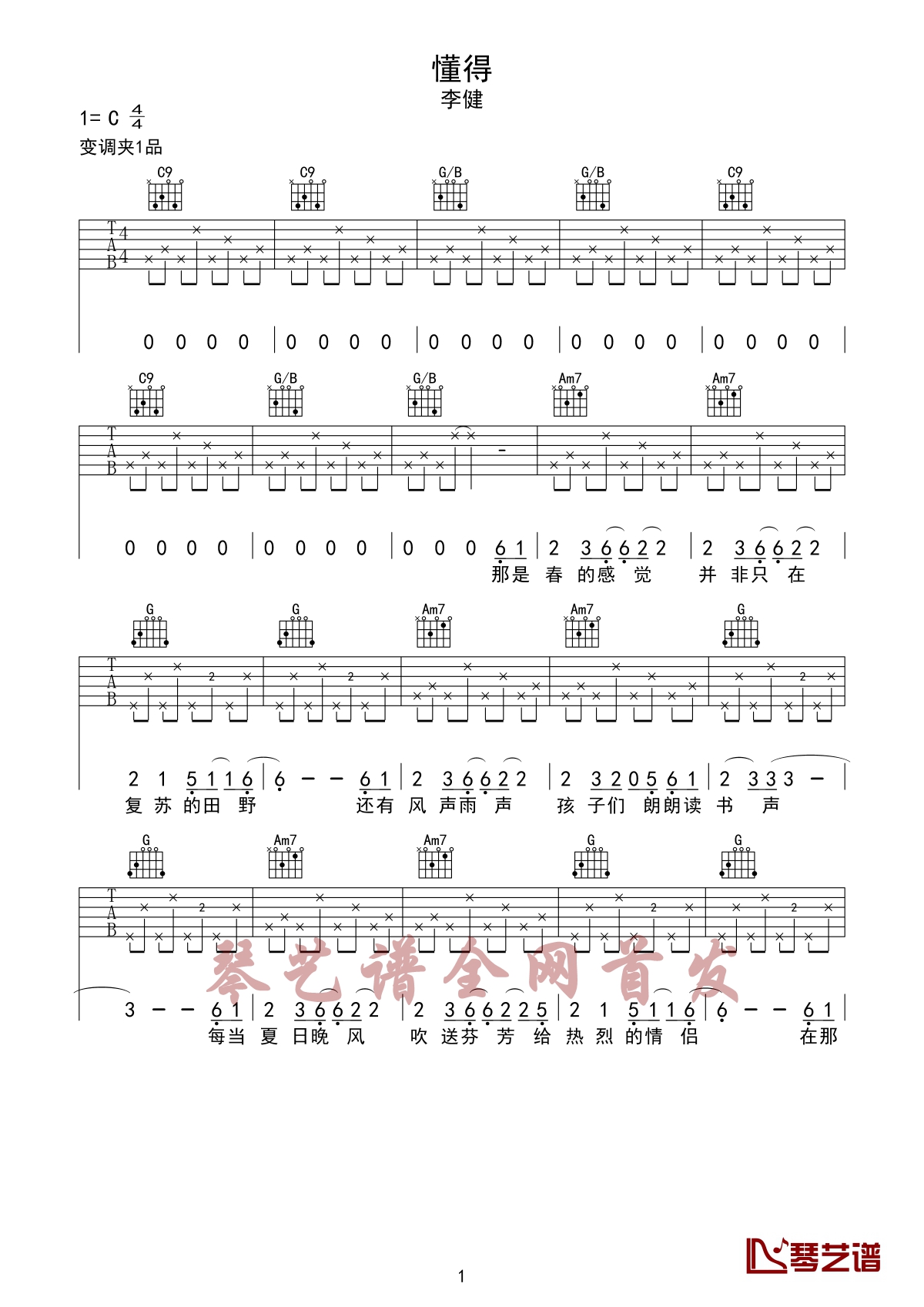 懂得吉他谱 李健 世间冷暖，无非自然1