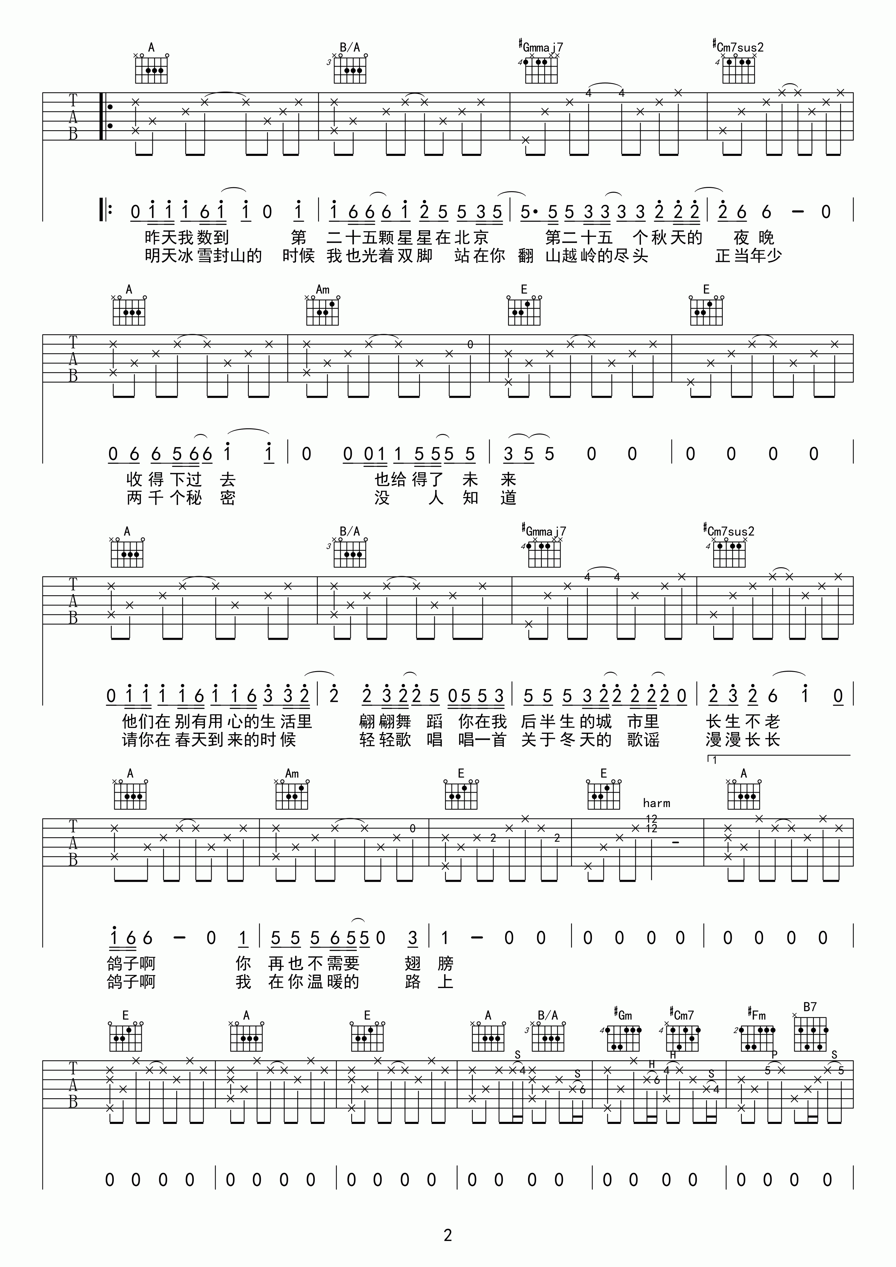 鸽子吉他谱 宋冬野-唱一首关于冬天的歌谣 漫漫长长2