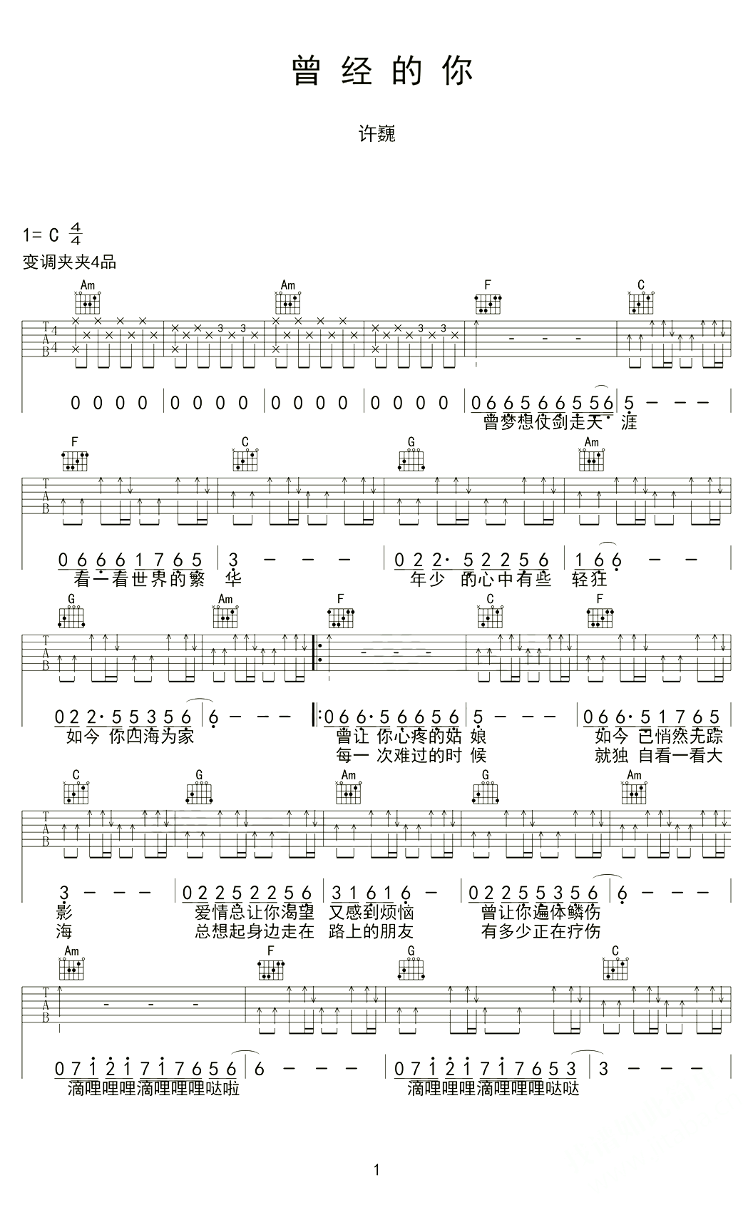 曾经的你吉他谱-许巍 经历了人生百态世间的冷暖1