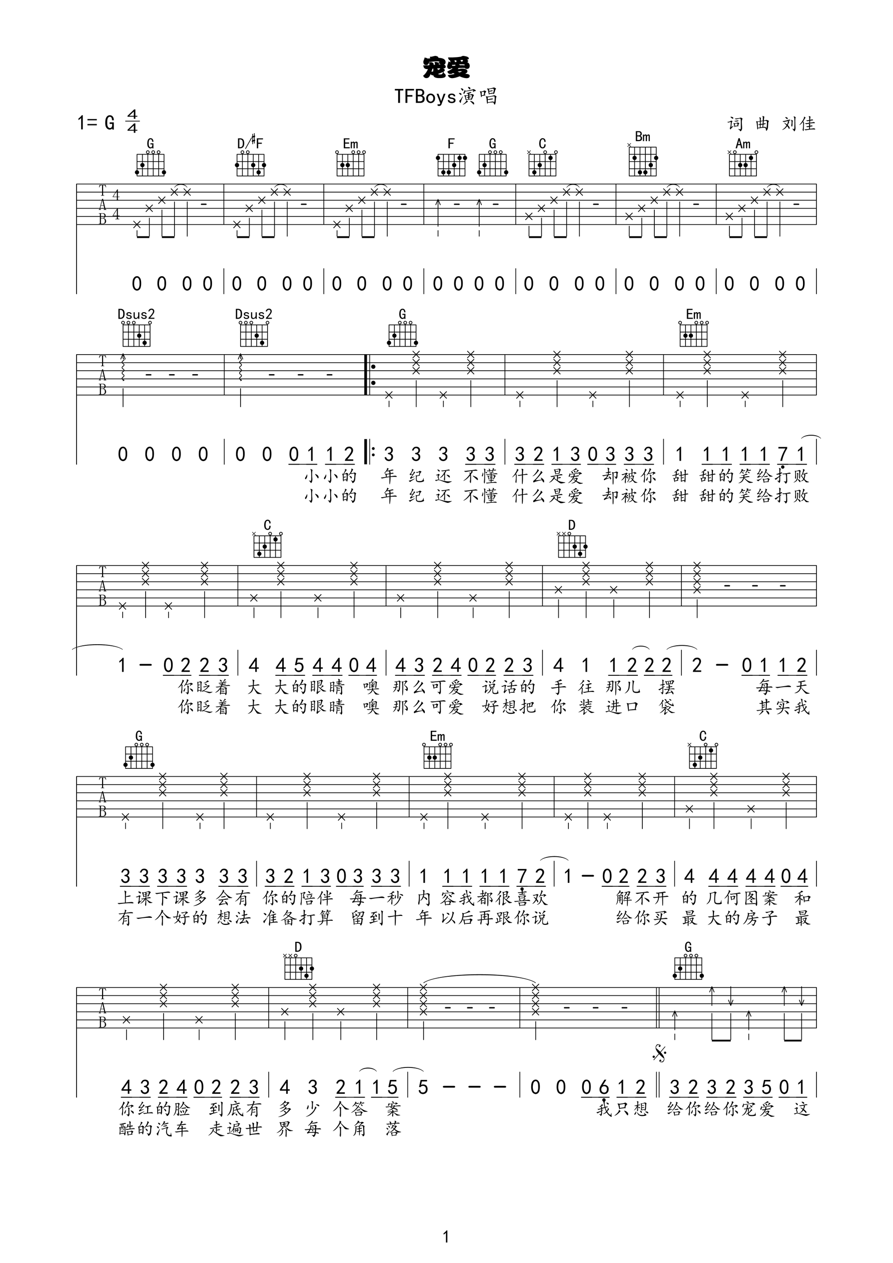 宠爱吉他谱 TFBOYS 被宠爱是每个女孩的梦想1