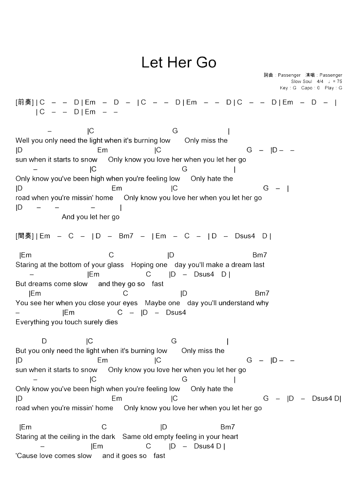 let her go 吉他谱 Passenger 放手后才始知那是真爱5