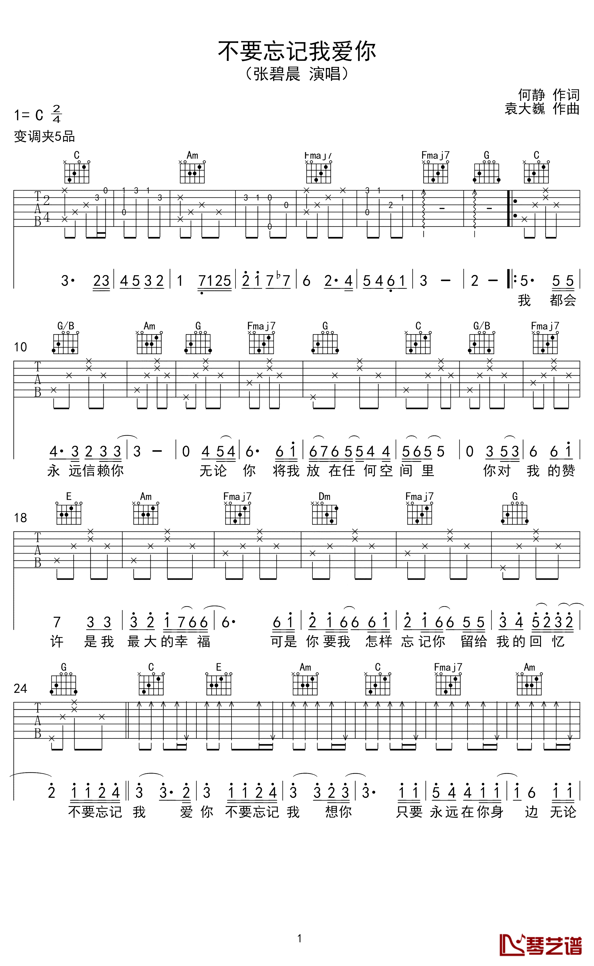 不要忘记我爱你吉他谱-张碧晨-我飞蛾扑火的样子，只是希望你不要忘记我1