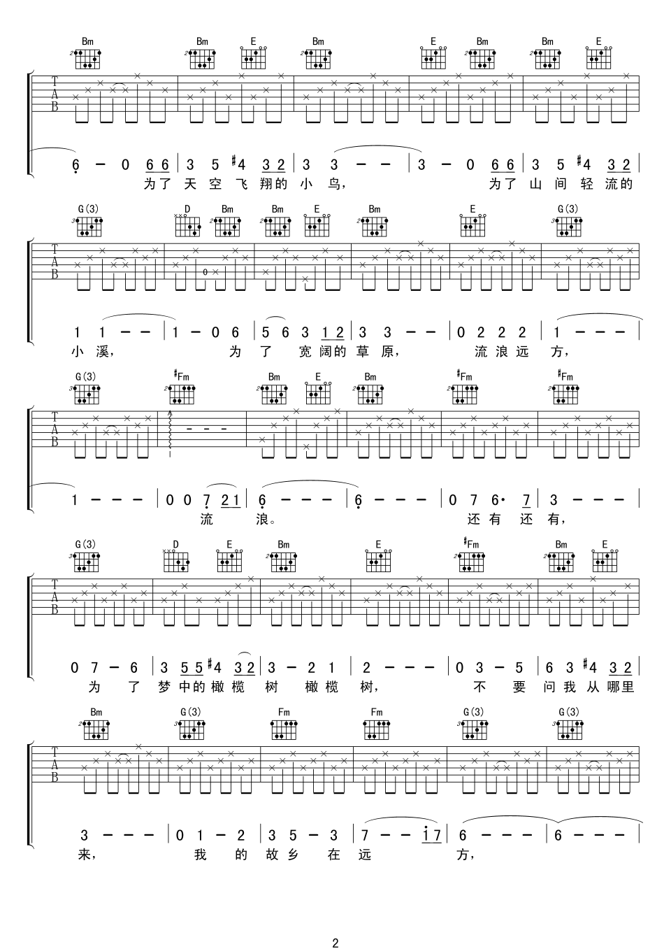 橄榄树吉他谱 齐豫 不要问我从哪里来2