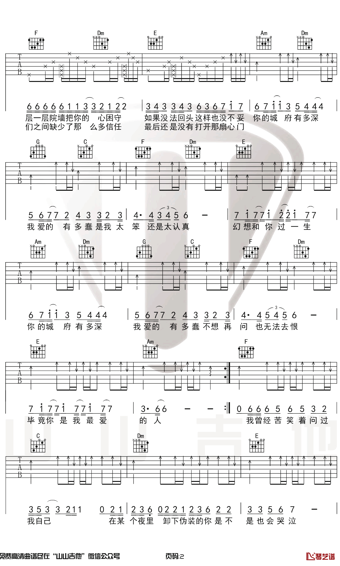 城府吉他谱 C调原版前奏和弦 许嵩 教学视频演示2