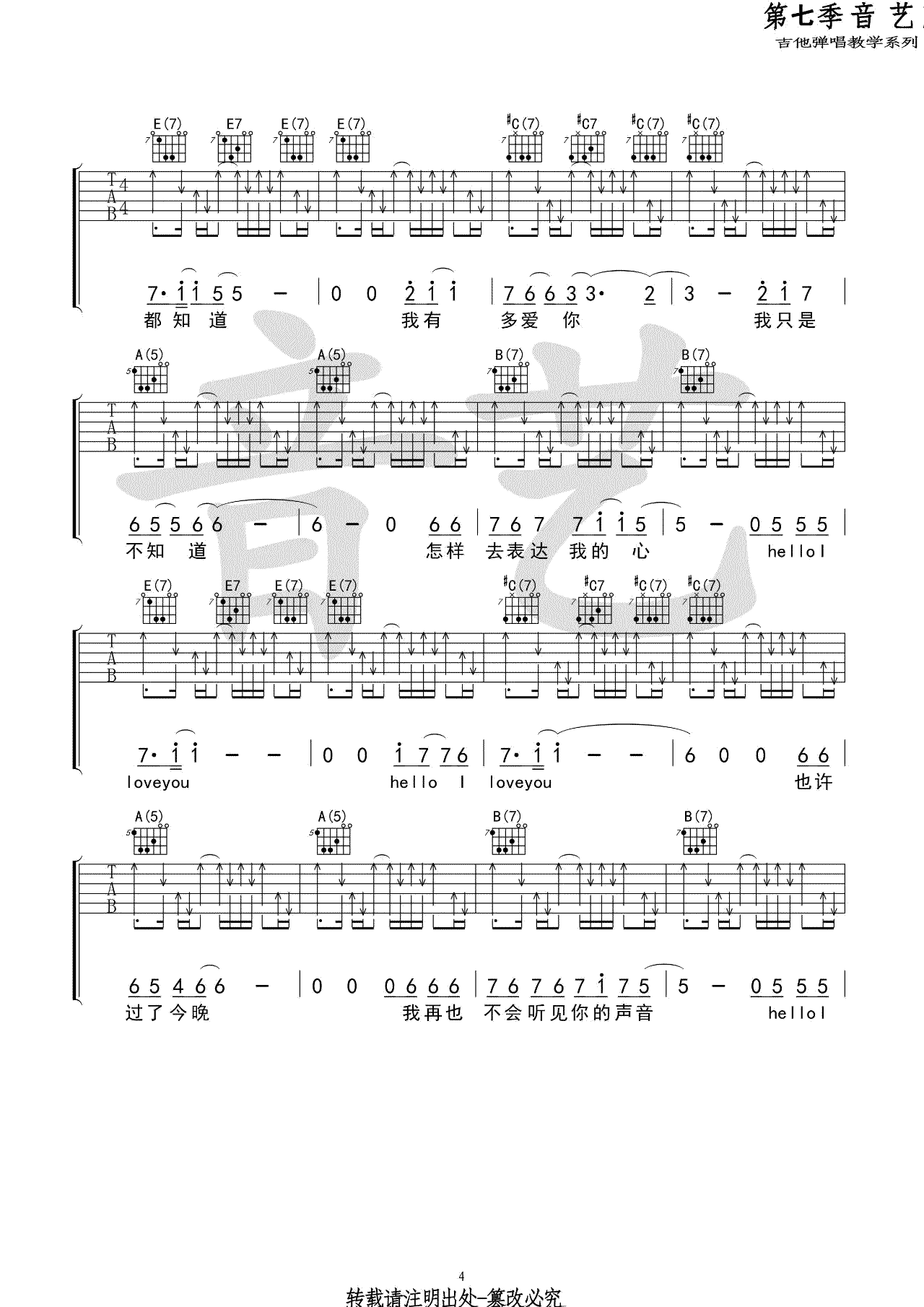 Hello I love you吉他谱 小熊饼干 弹唱六线谱4