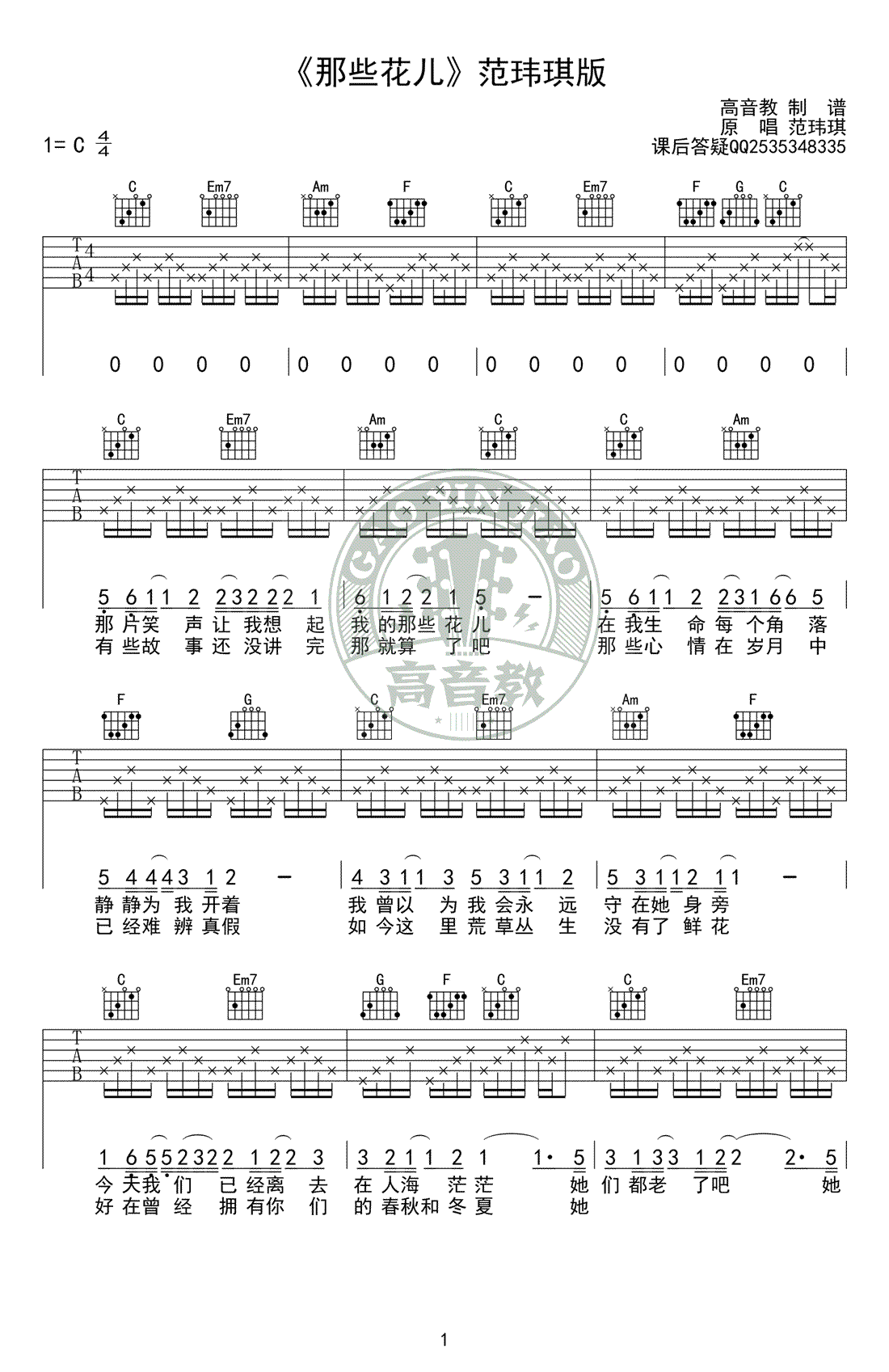 那些花儿吉他谱 C调标准版 范玮琪 吉他弹唱教学视频1