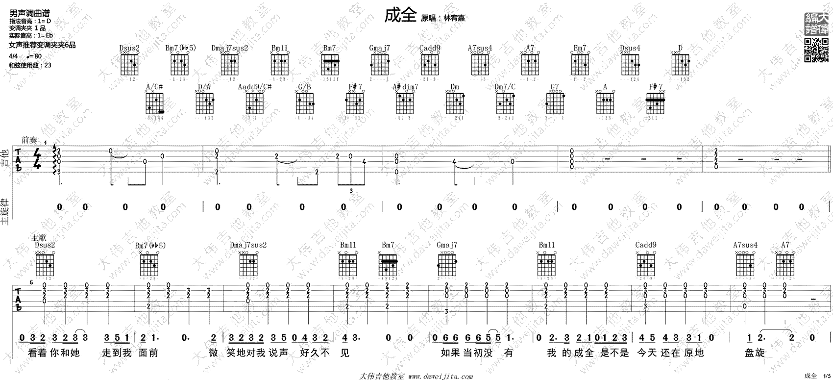 成全吉他谱-林宥嘉-吉他教学视频-高清弹唱谱1