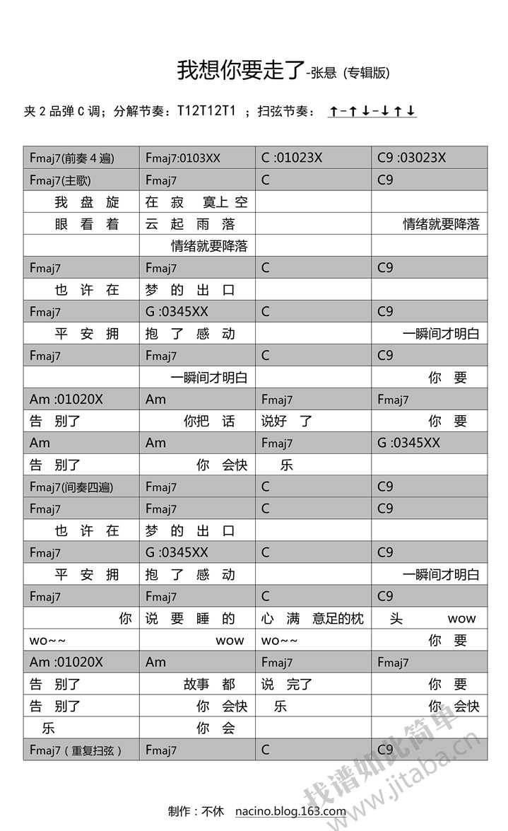 我想你要走了吉他谱 C调指法 张悬 两个版本弹唱谱1