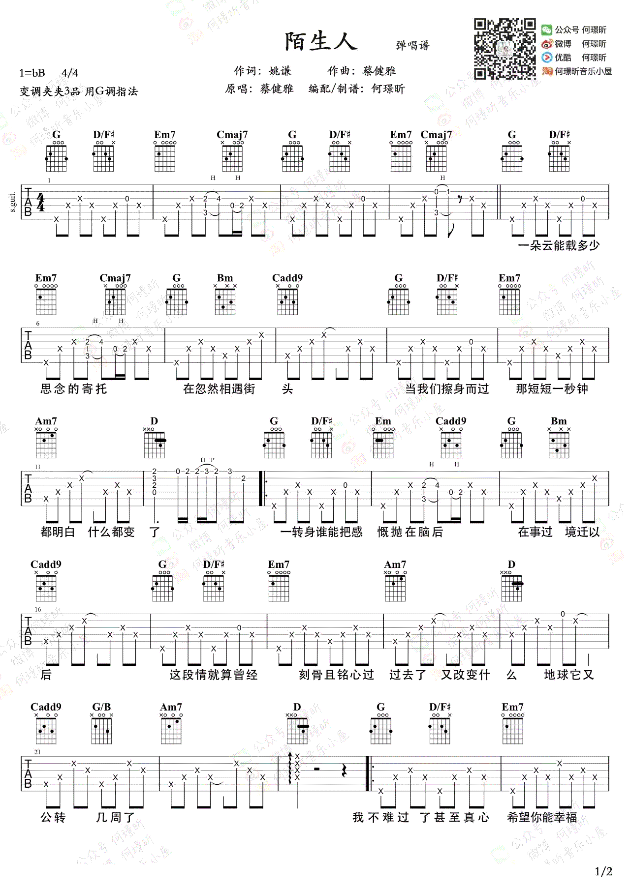 陌生人吉他谱-蔡健雅-G调指法-吉他弹唱示范视频1