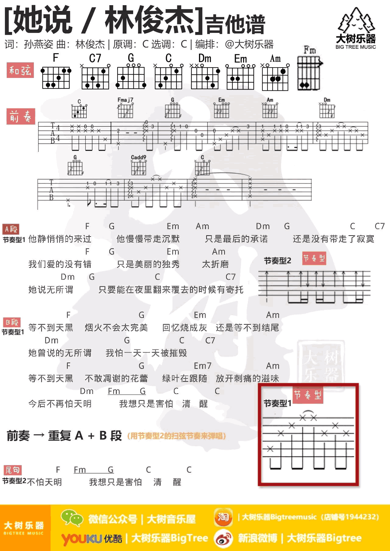 她说吉他谱-林俊杰-C调弹唱谱-吉他演示+教学视频1