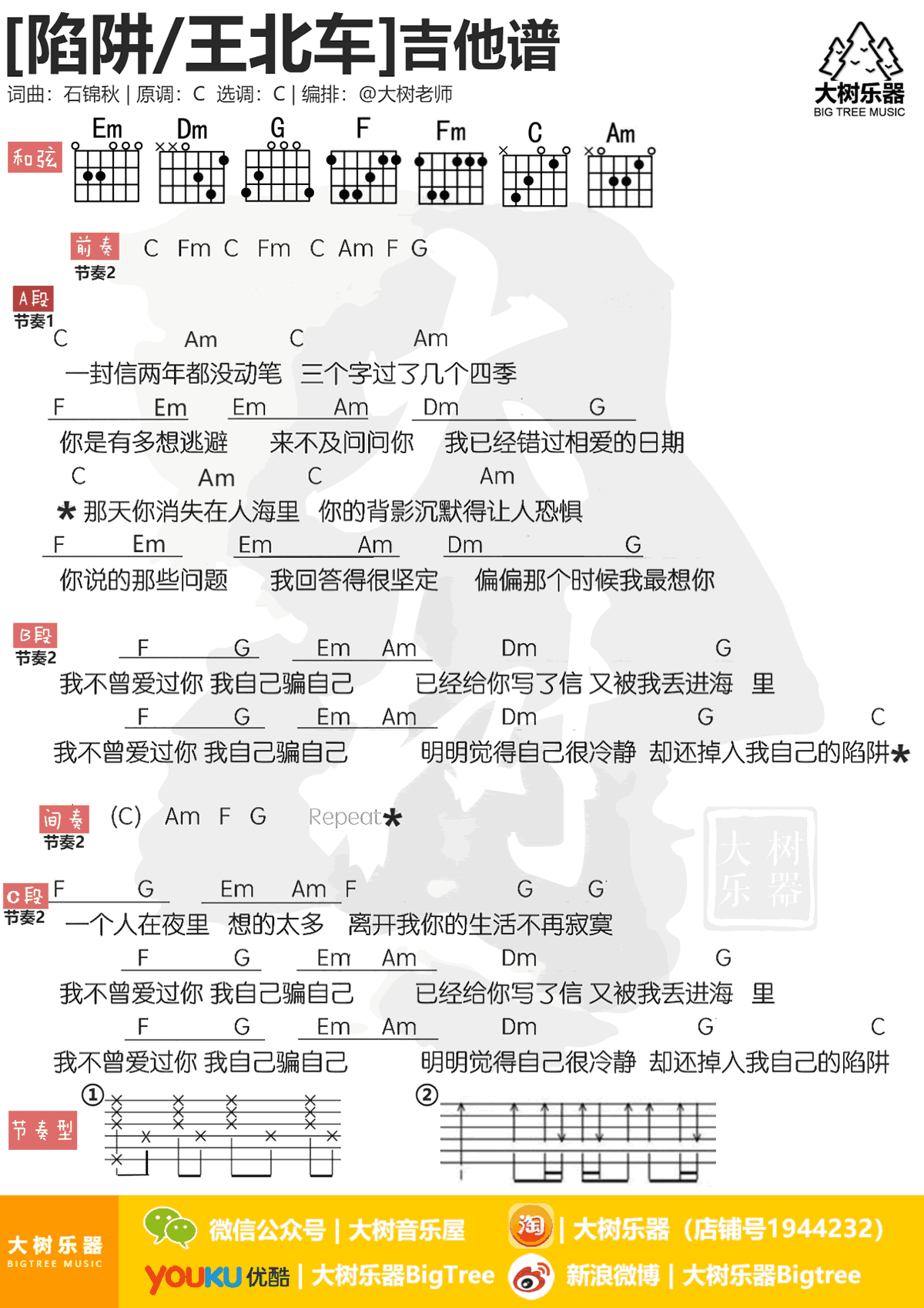 陷阱吉他谱 王北车 C调和弦弹唱谱 抖音歌曲1