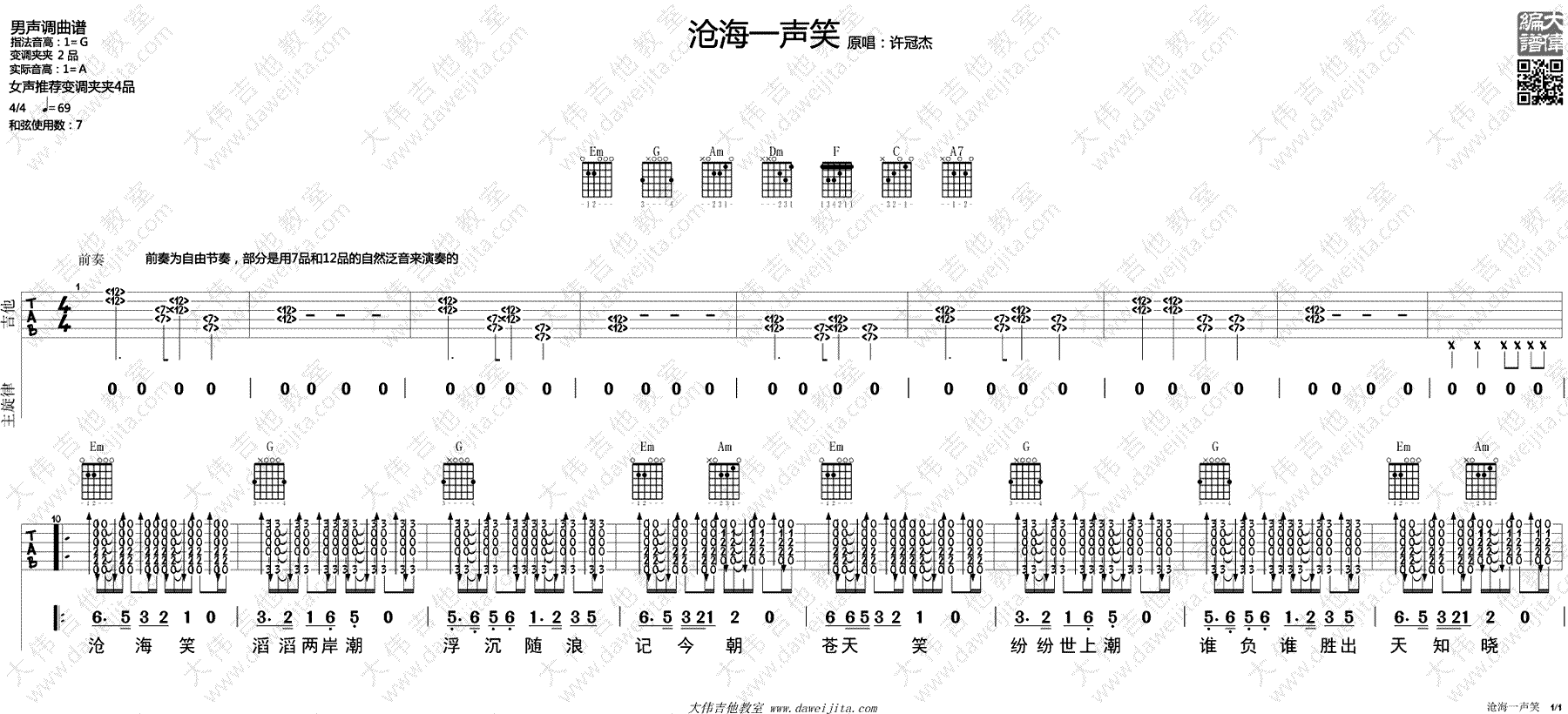 沧海一声笑吉他谱-许冠杰-高清六线谱-吉他弹唱教学演示1