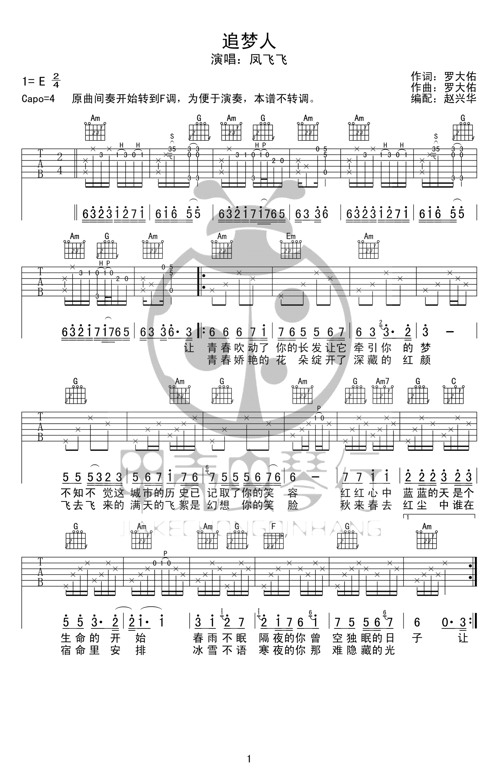 追梦人吉他谱 凤飞飞 C调弹唱谱-高清图片谱1