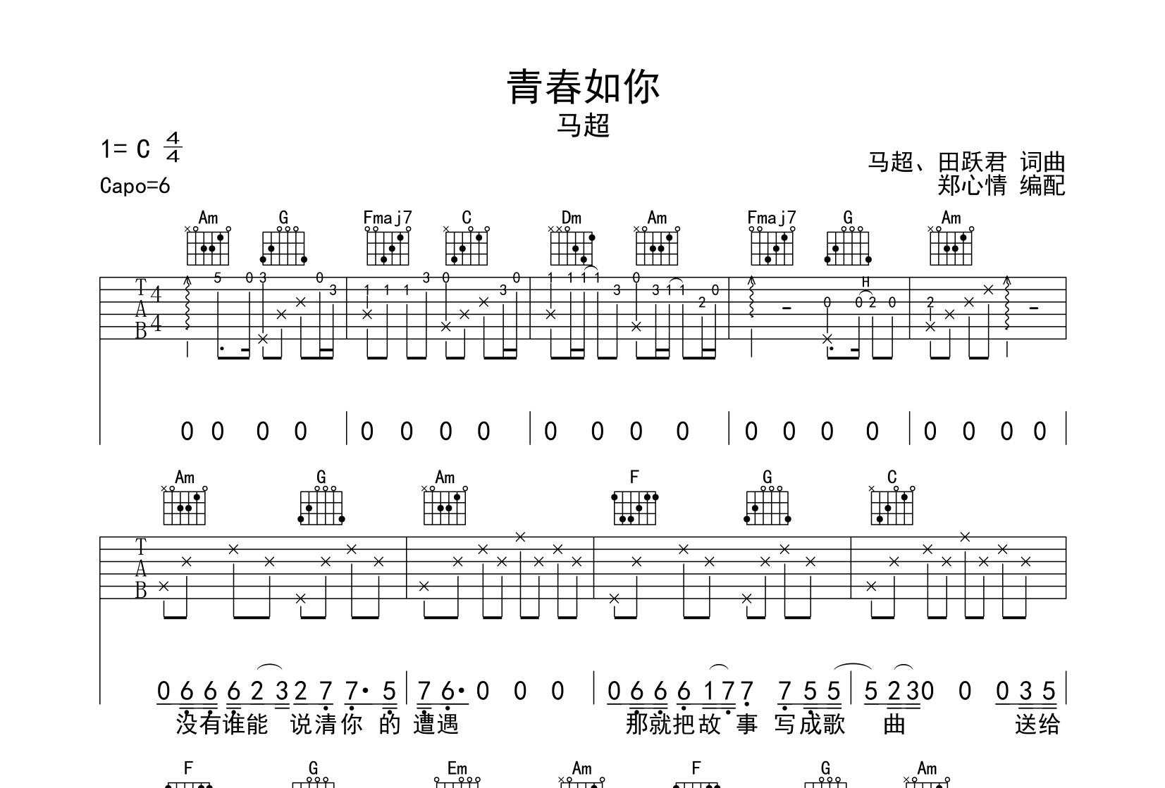 马超《青春如你》吉他谱_C调指法吉他谱1