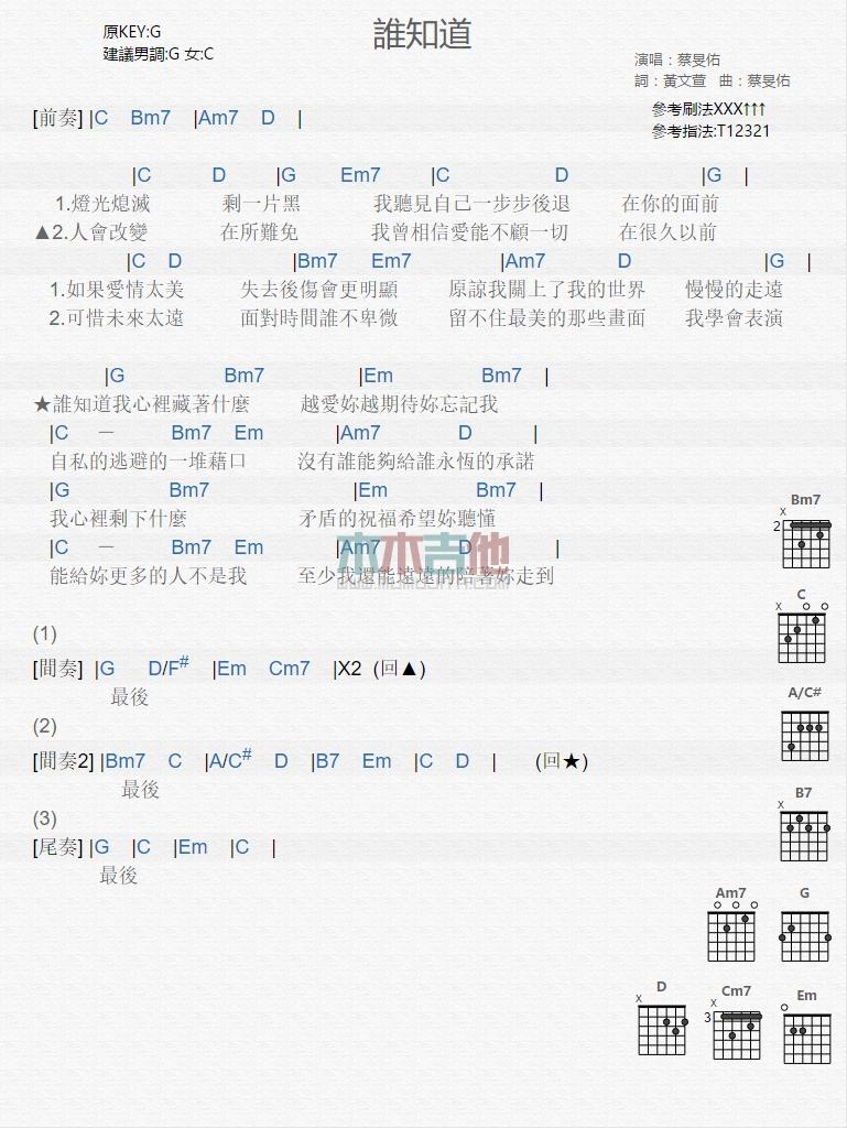 谁知道_吉他谱_蔡旻佑1