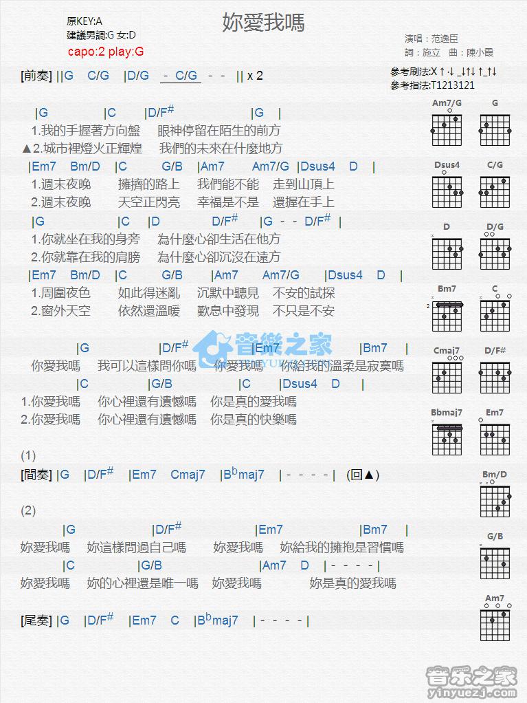 你爱我吗吉他谱G调版 范逸臣1