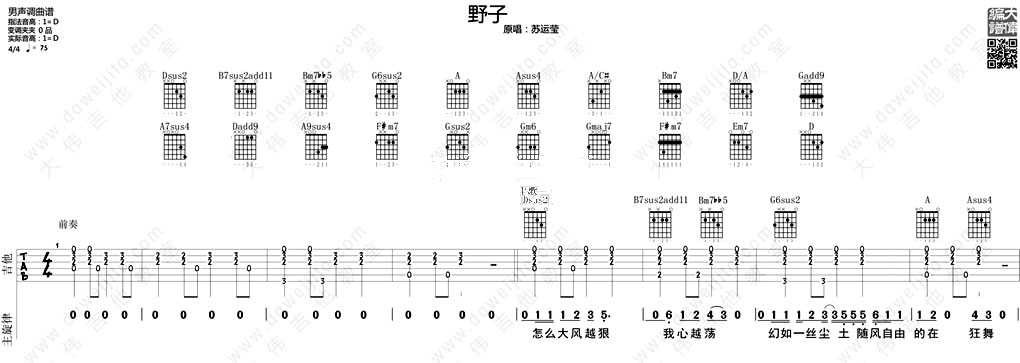 野子吉他谱男生版-蒙面歌王流浪者沙宝亮-野子六线谱1