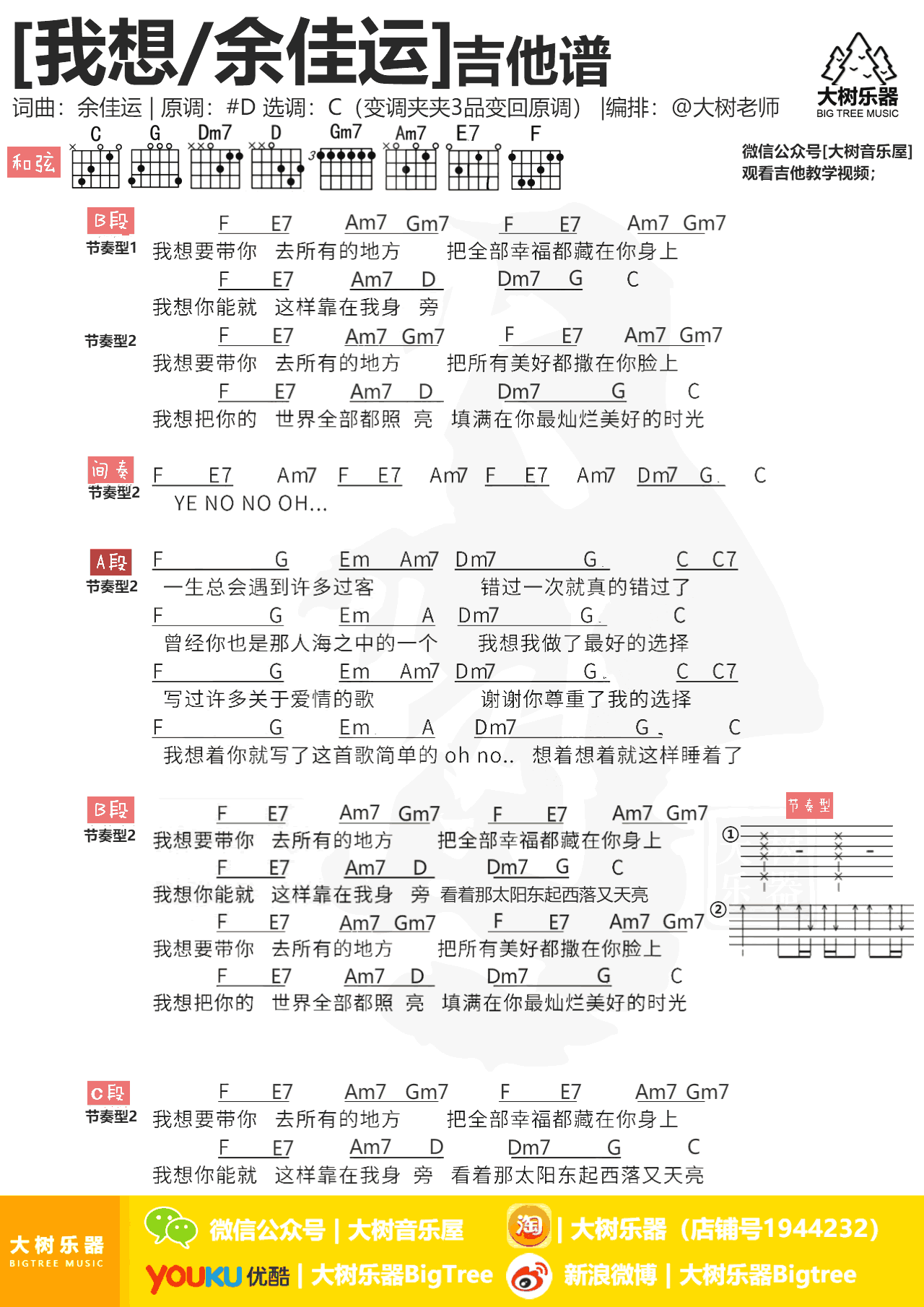 我想吉他谱 余佳运 C调和弦谱 高清图片谱1