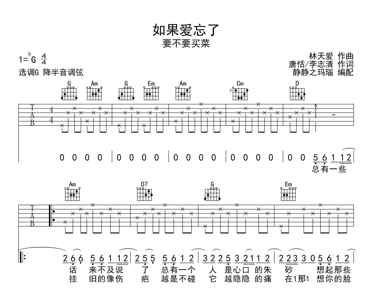 如果爱忘了吉他谱_要不要买菜_G调弹唱六线谱1