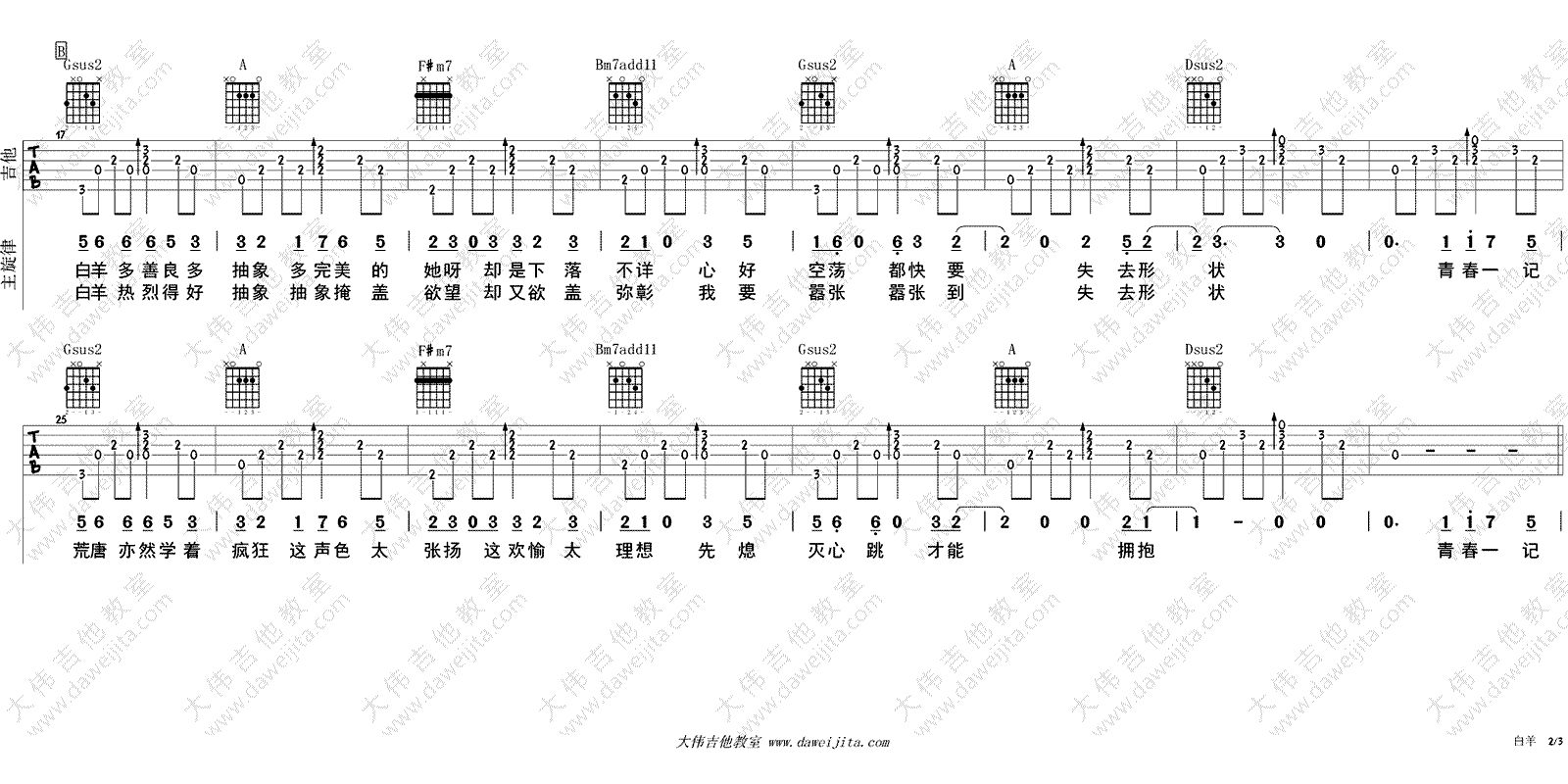 白羊吉他谱-徐秉龙-高清图片六线谱-吉他弹唱示范演示2
