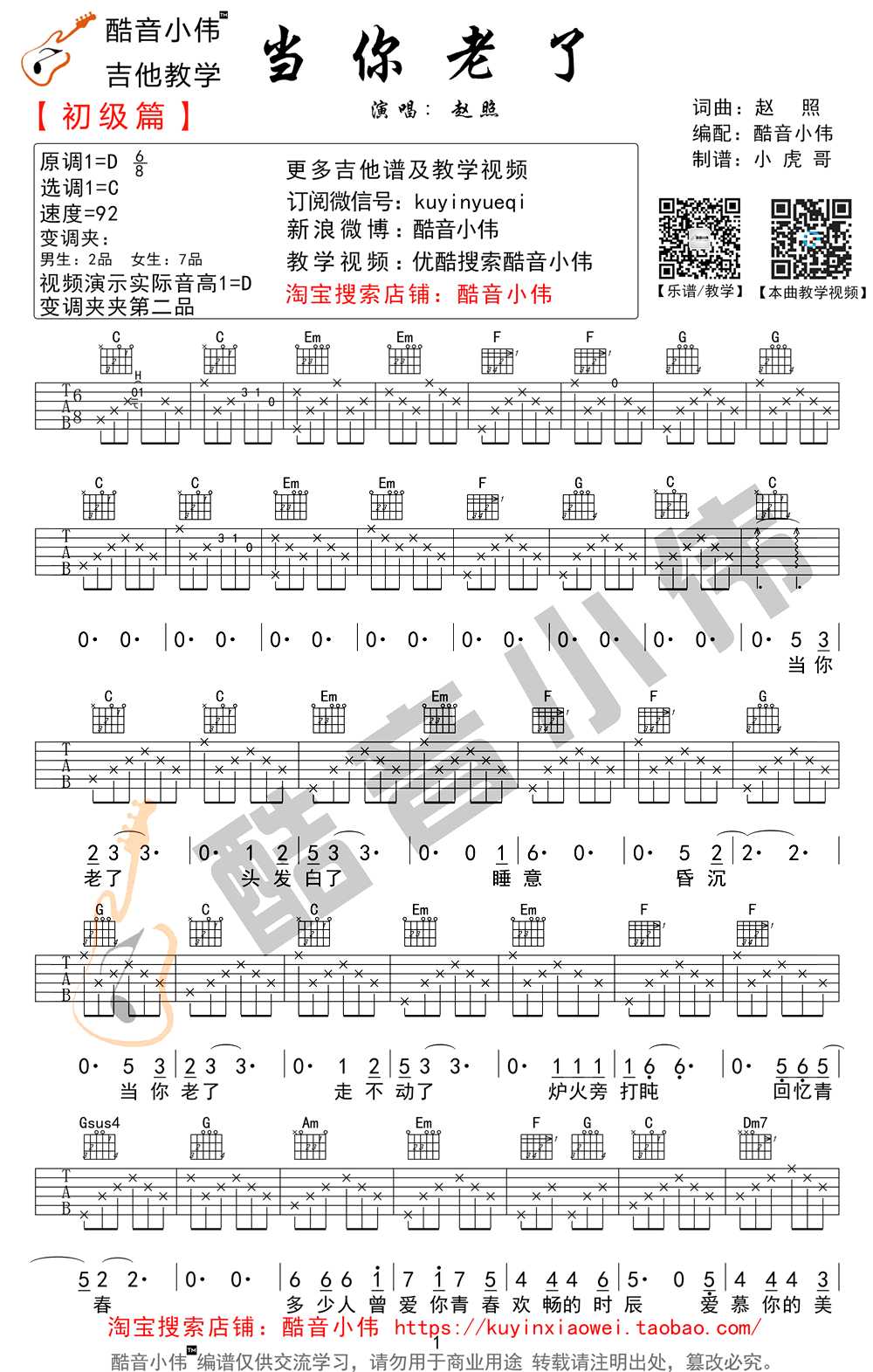 当你老了吉他谱-赵照《当你老了》吉他弹唱教学1