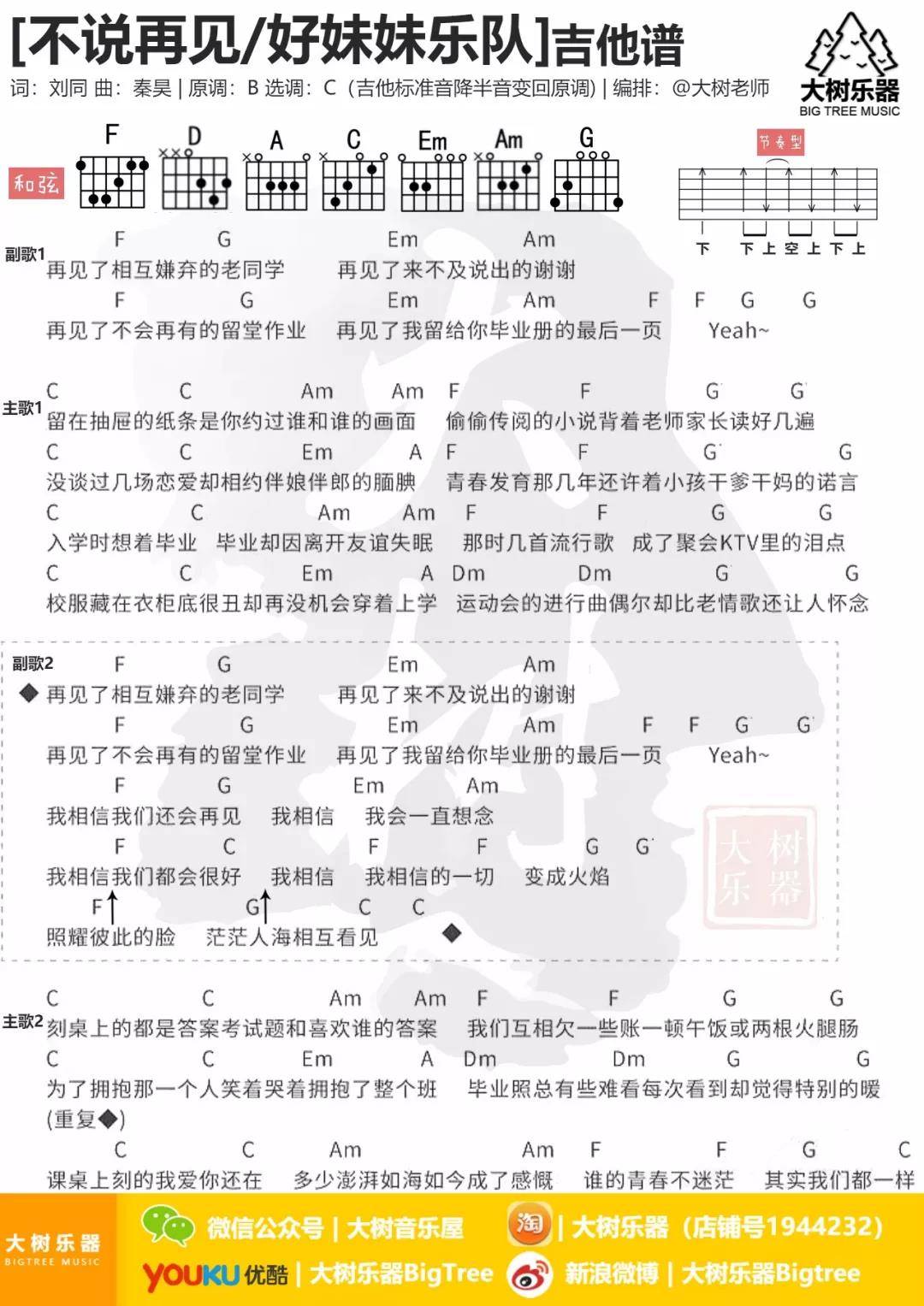 不说再见吉他谱 C调和弦谱_大树乐器编配_好妹妹乐队1
