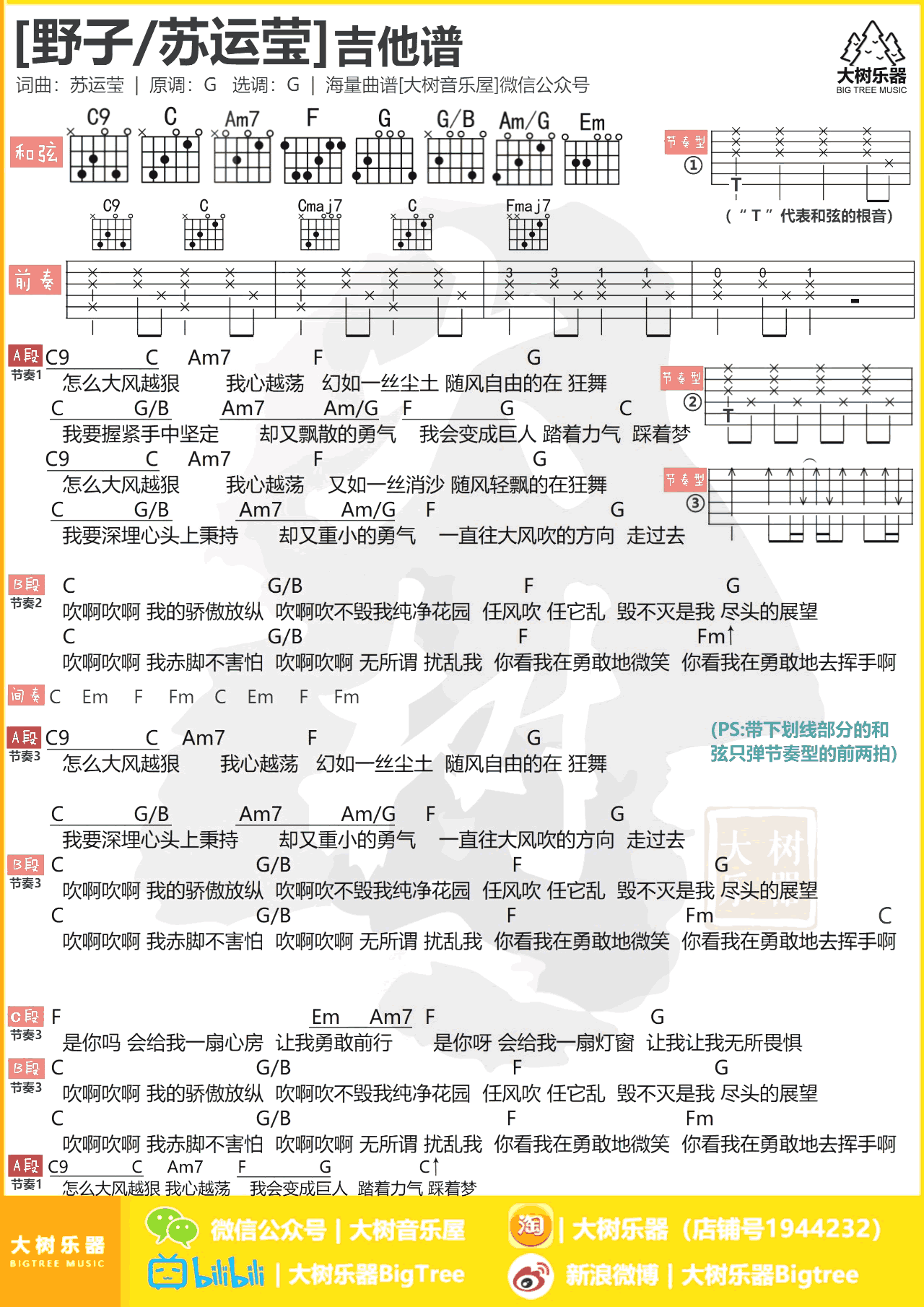 野子吉他谱 G调和弦谱 苏运莹/田馥甄《中国好歌曲》1