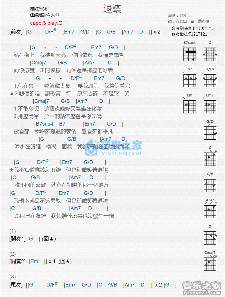 退让吉他谱 G调版 阿杜1