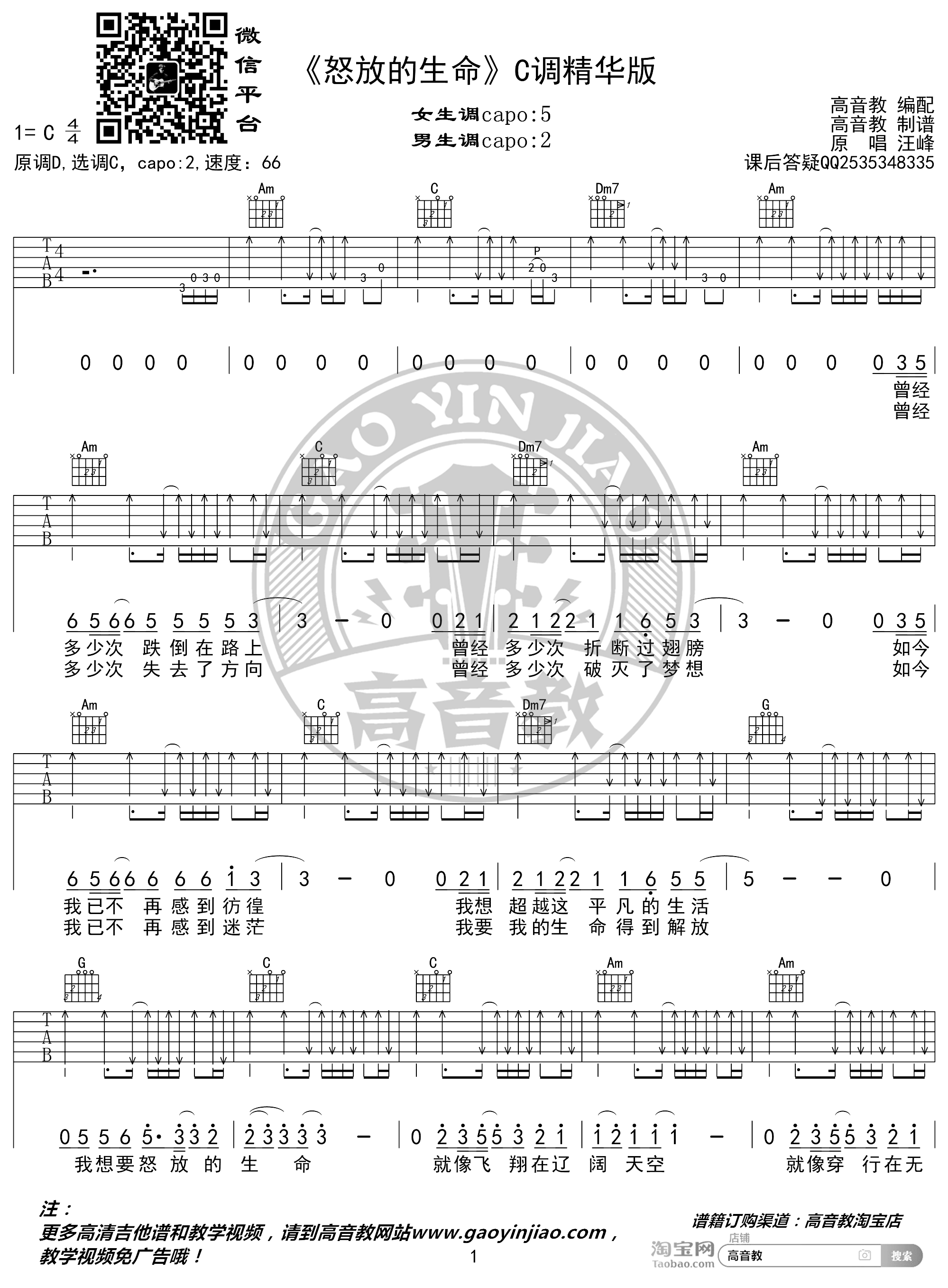 怒放的生命吉他谱 汪峰 C调精华版 高音教编配 猴哥吉他教学1