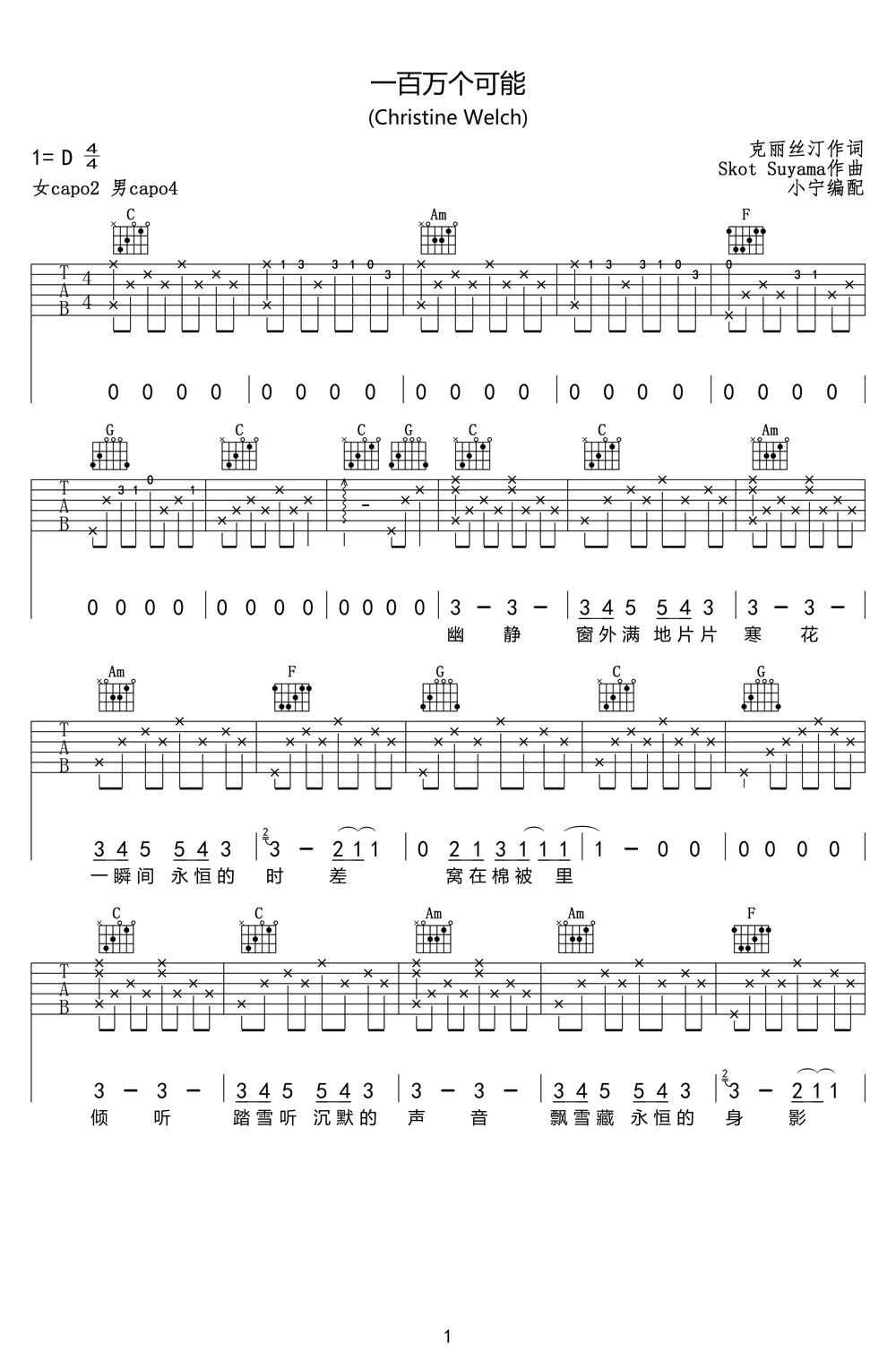 一百万个可能吉他谱 克丽丝叮 民谣弹唱版 高清六线谱1
