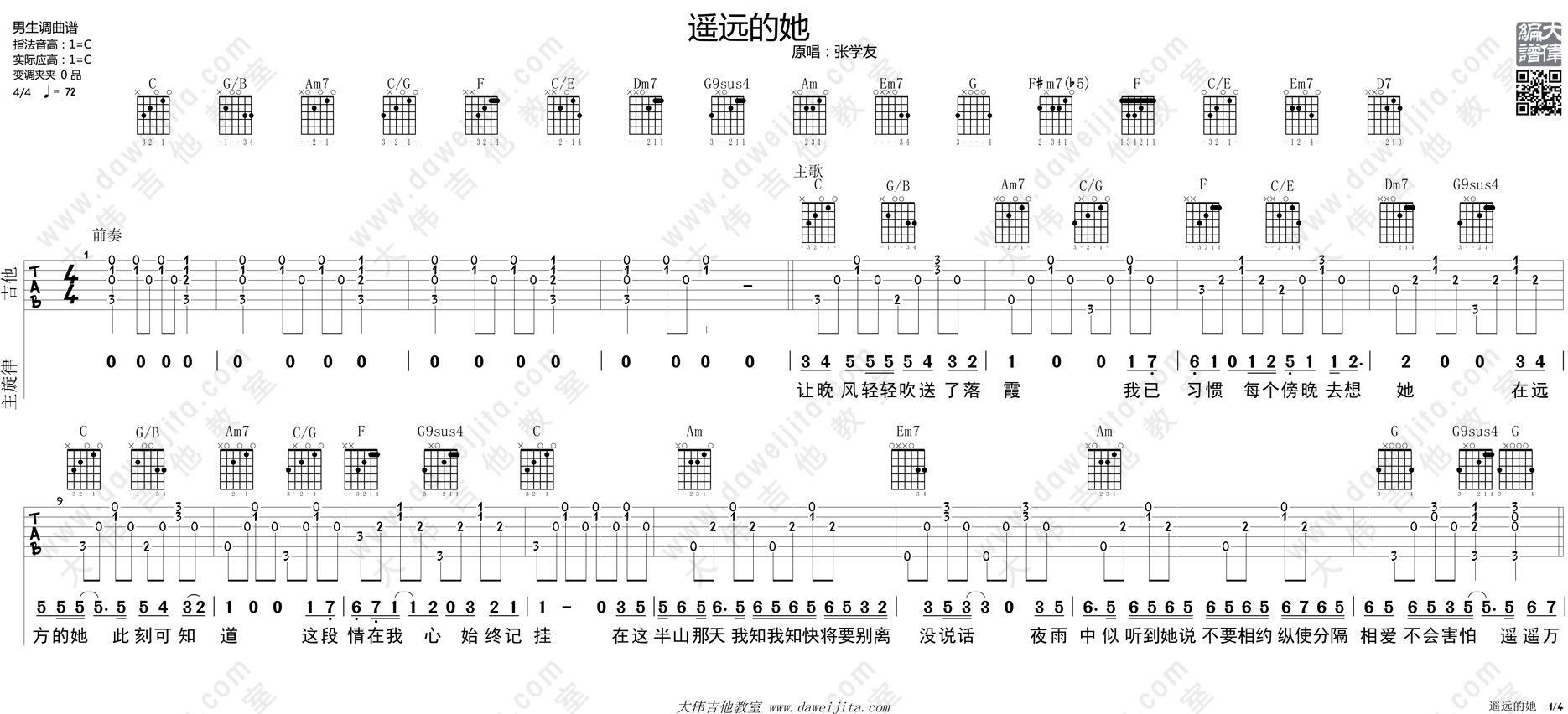 《遥远的她》吉他谱_陈奕迅_C调六线谱_吉他弹唱教学1
