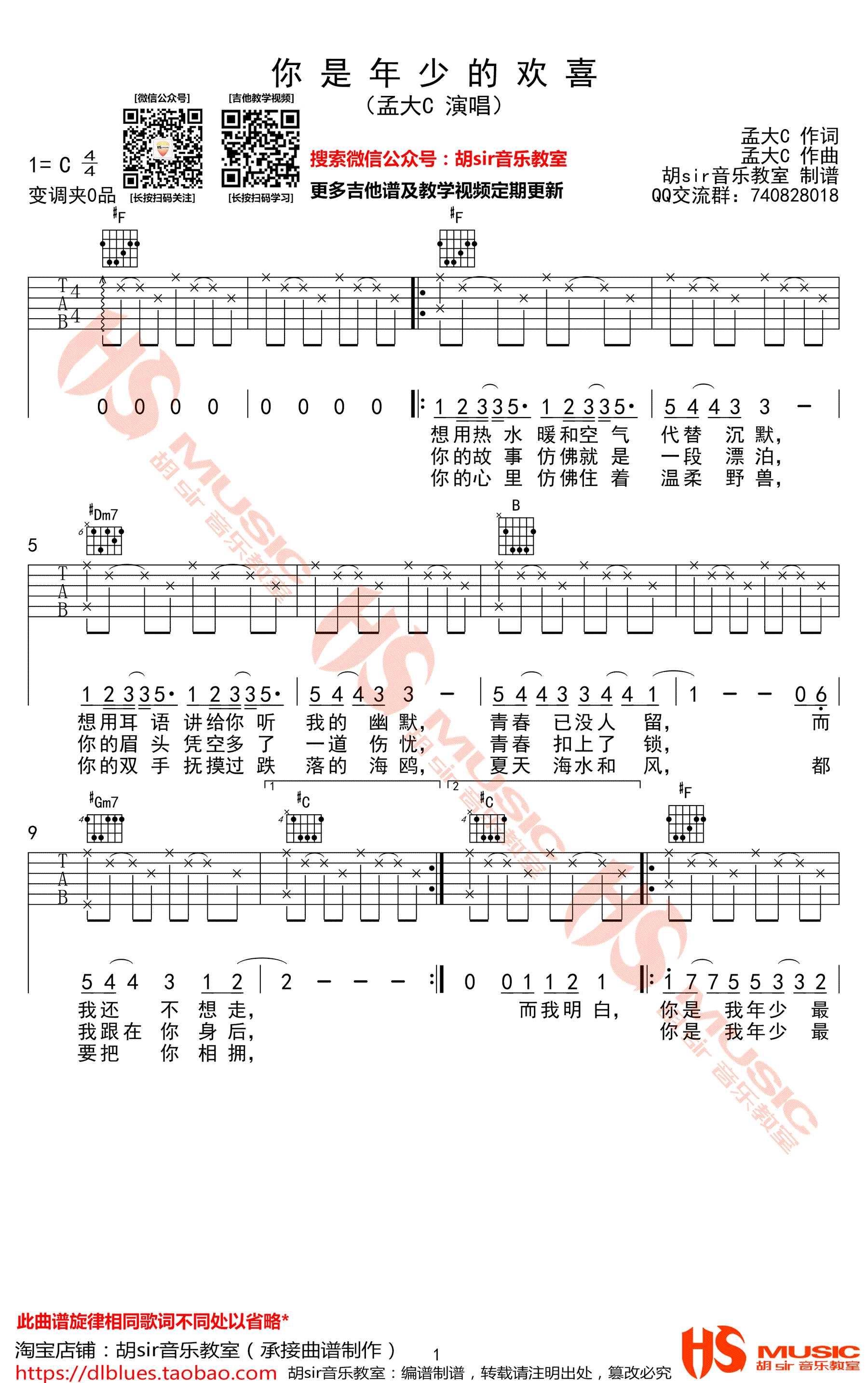 你是年少的欢喜吉他谱-孟大C/王贰浪-吉他弹唱谱1