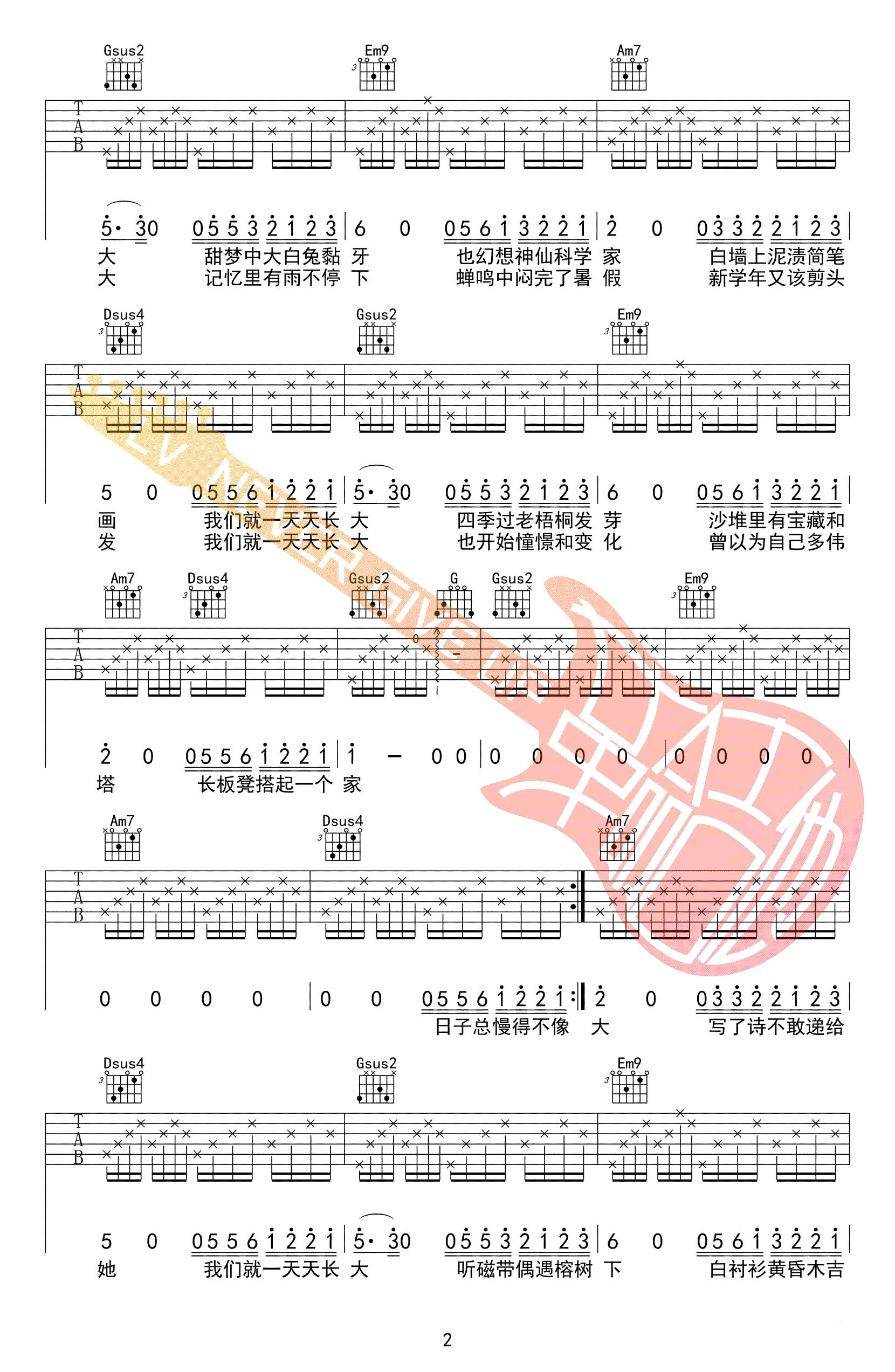 儿时吉他谱-刘昊霖《儿时》吉他教学视频-G调弹唱谱2