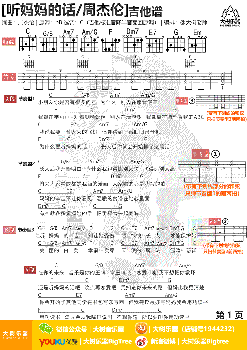《听妈妈的话》吉他谱_周杰伦_C调六线谱_吉他弹唱教学1