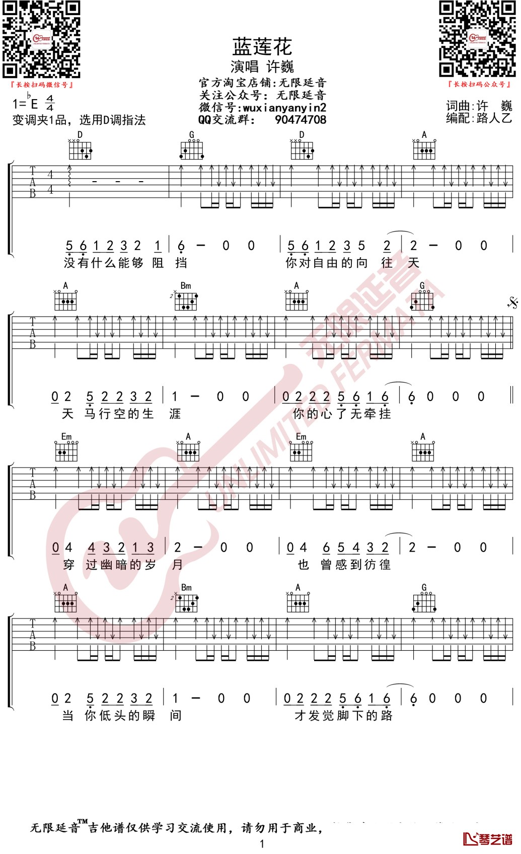 蓝莲花吉他谱 D调 许巍 无限延音编配1