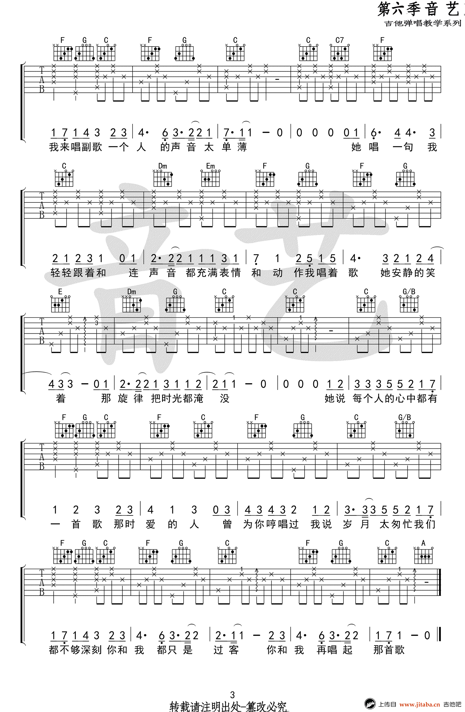 她说每个人的心中都有一首歌吉他谱-陈小熊-C调六线谱3