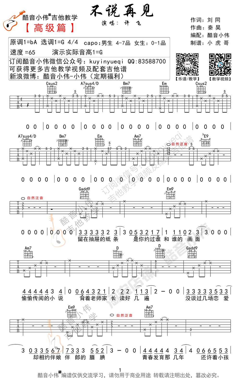 不说再见吉他谱 许飞女生版 吉他弹唱教学视频1